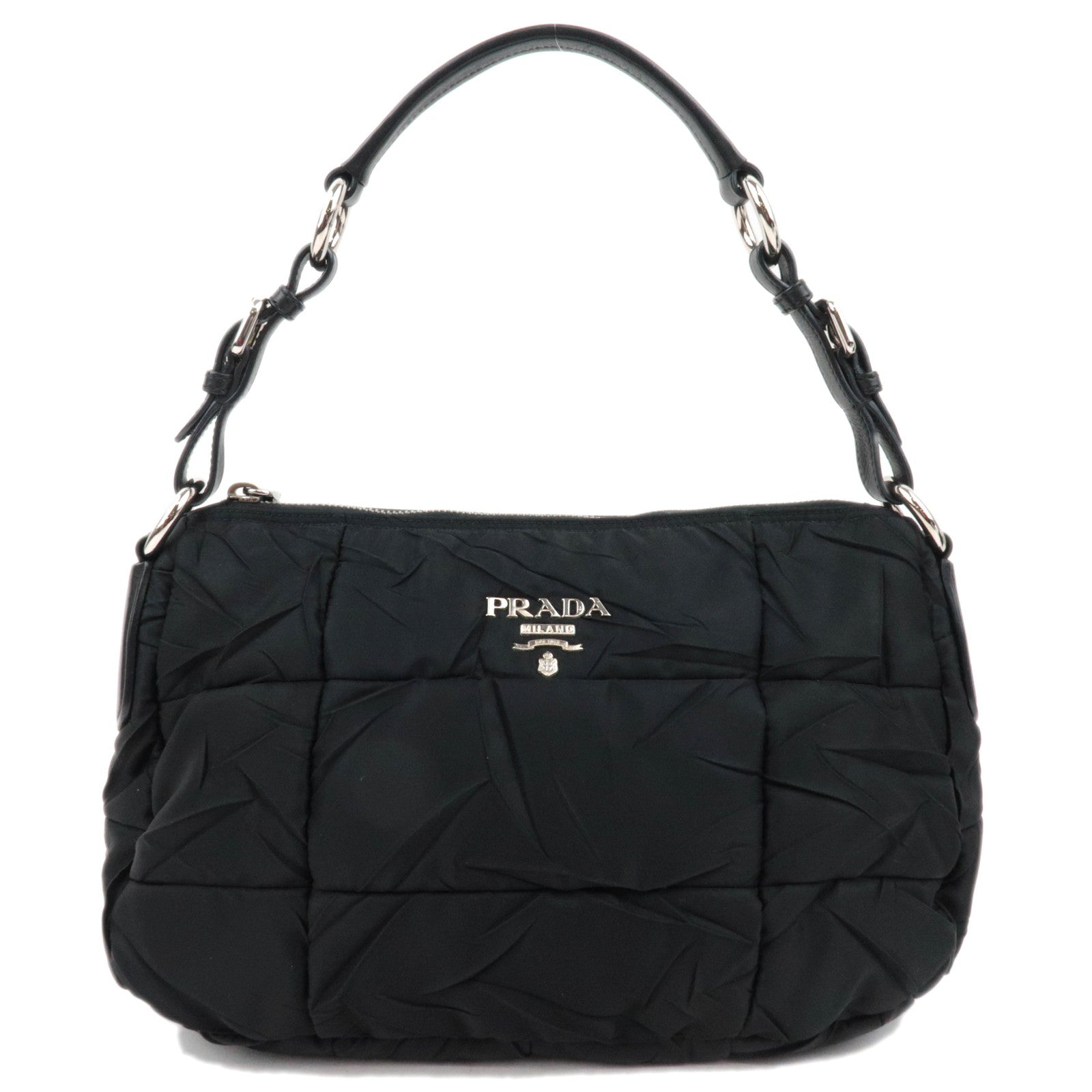 PRADA Nylon Leather Puffy Shoulder Bag Black86419