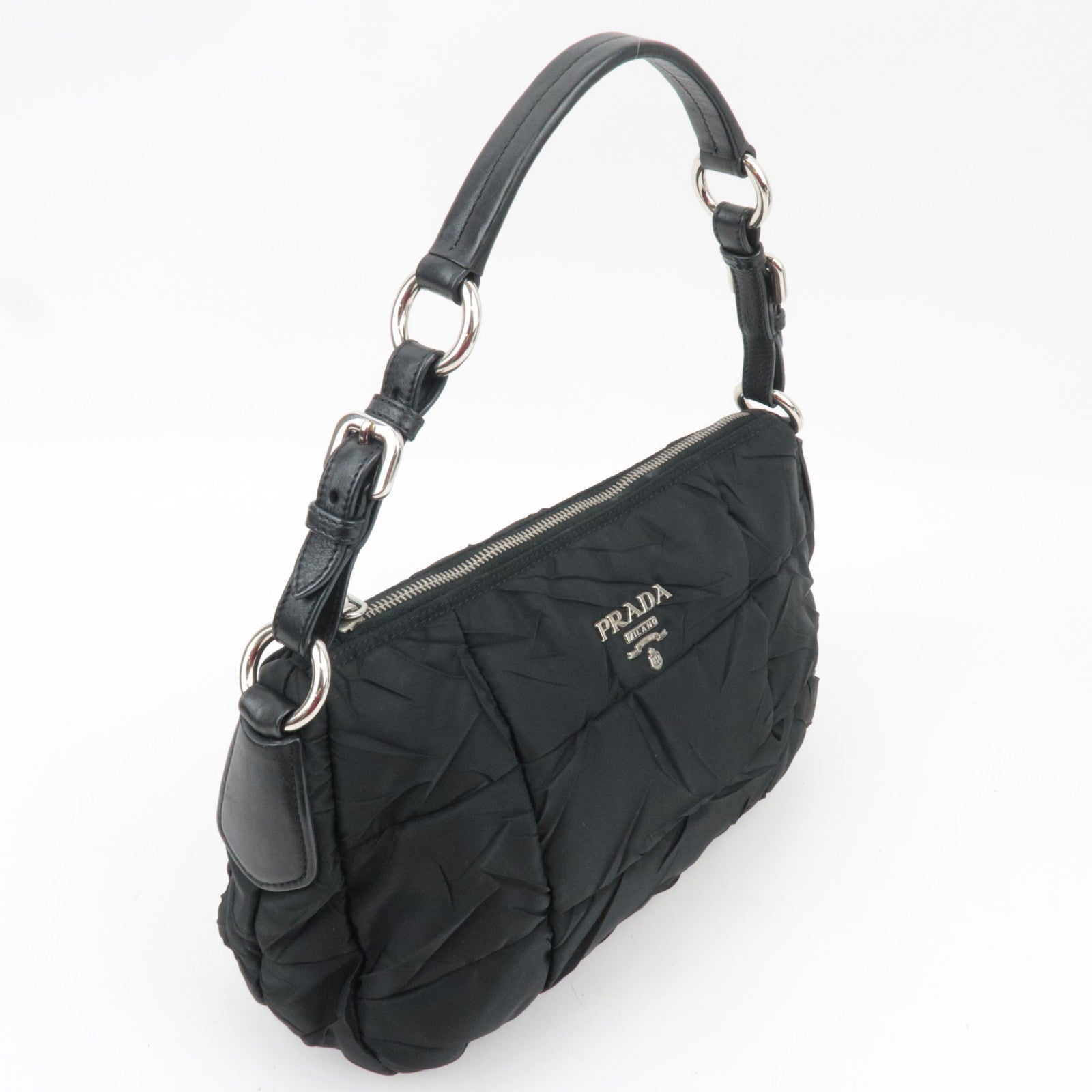 PRADA Nylon Leather Puffy Shoulder Bag Black