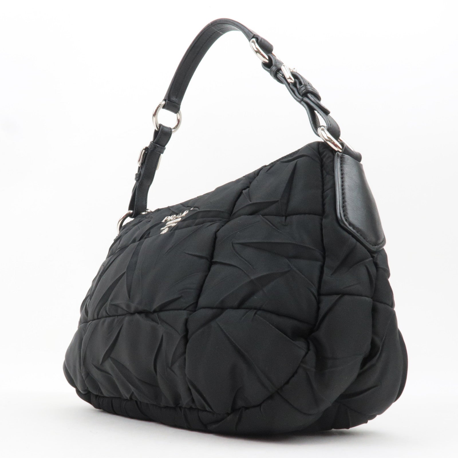 PRADA Nylon Leather Puffy Shoulder Bag Black