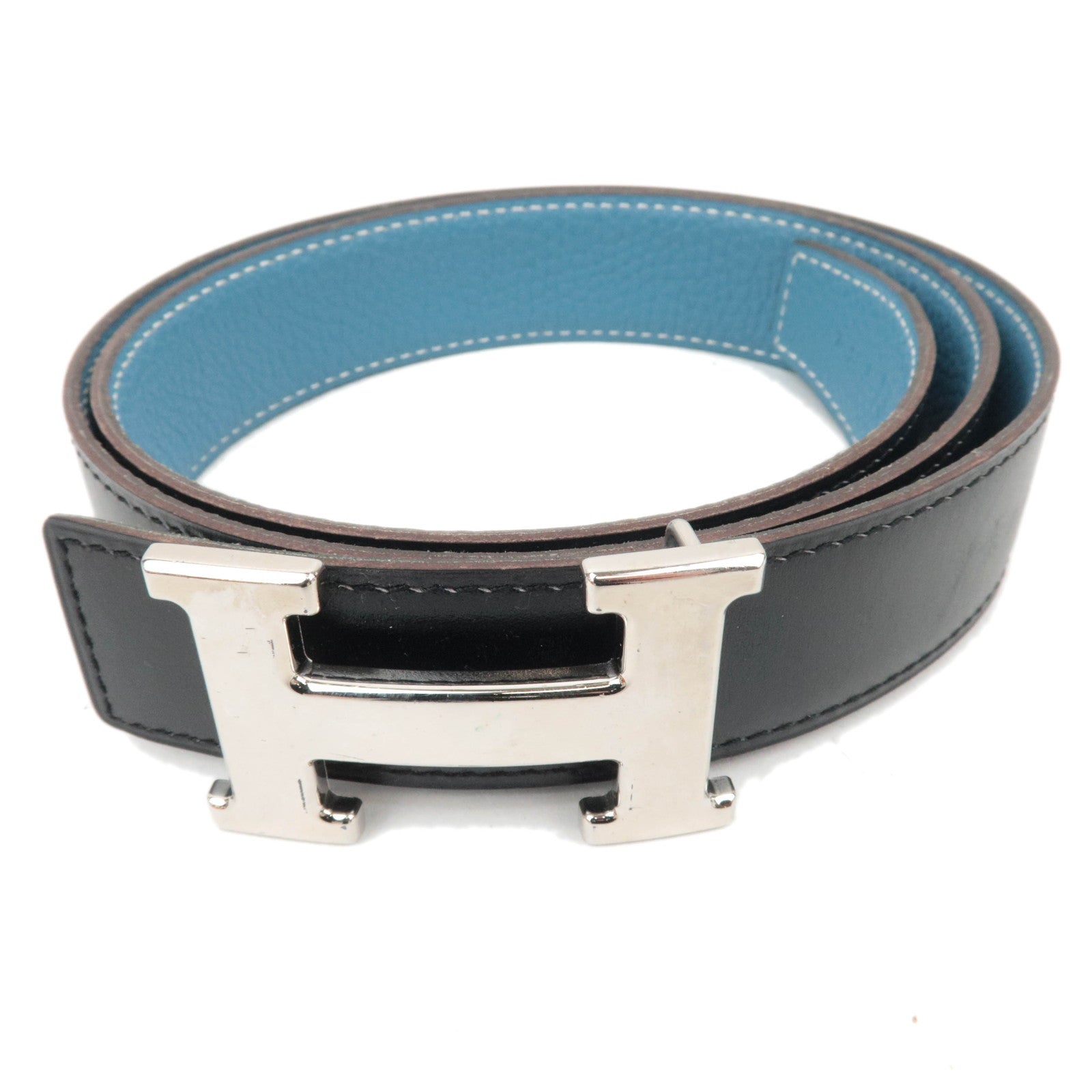 HERMES Constance H Leather Belt Reversible H Stamp (2004) Black Light Blue86431