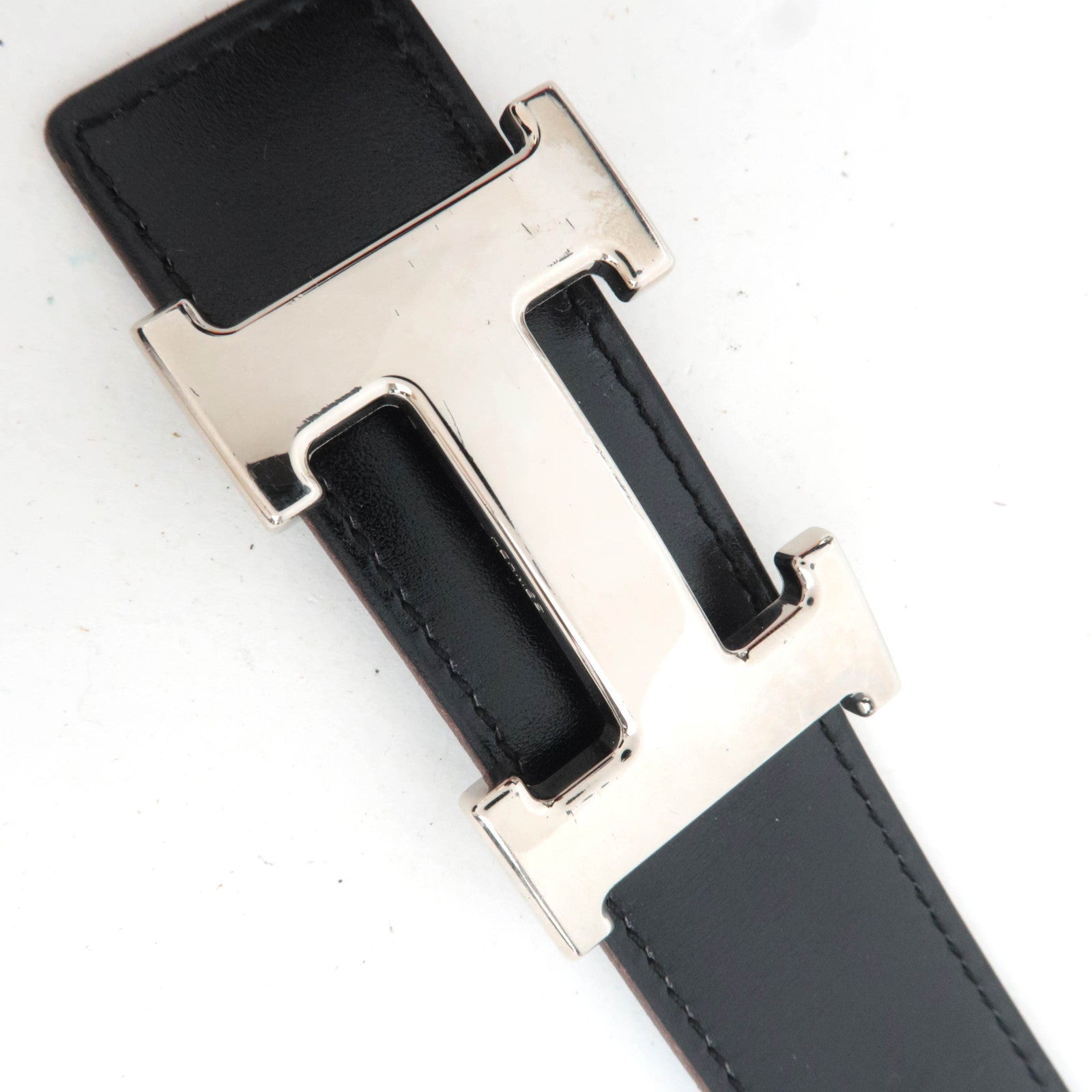 HERMES Constance H Leather Belt Reversible H Stamp (2004) Black Light Blue