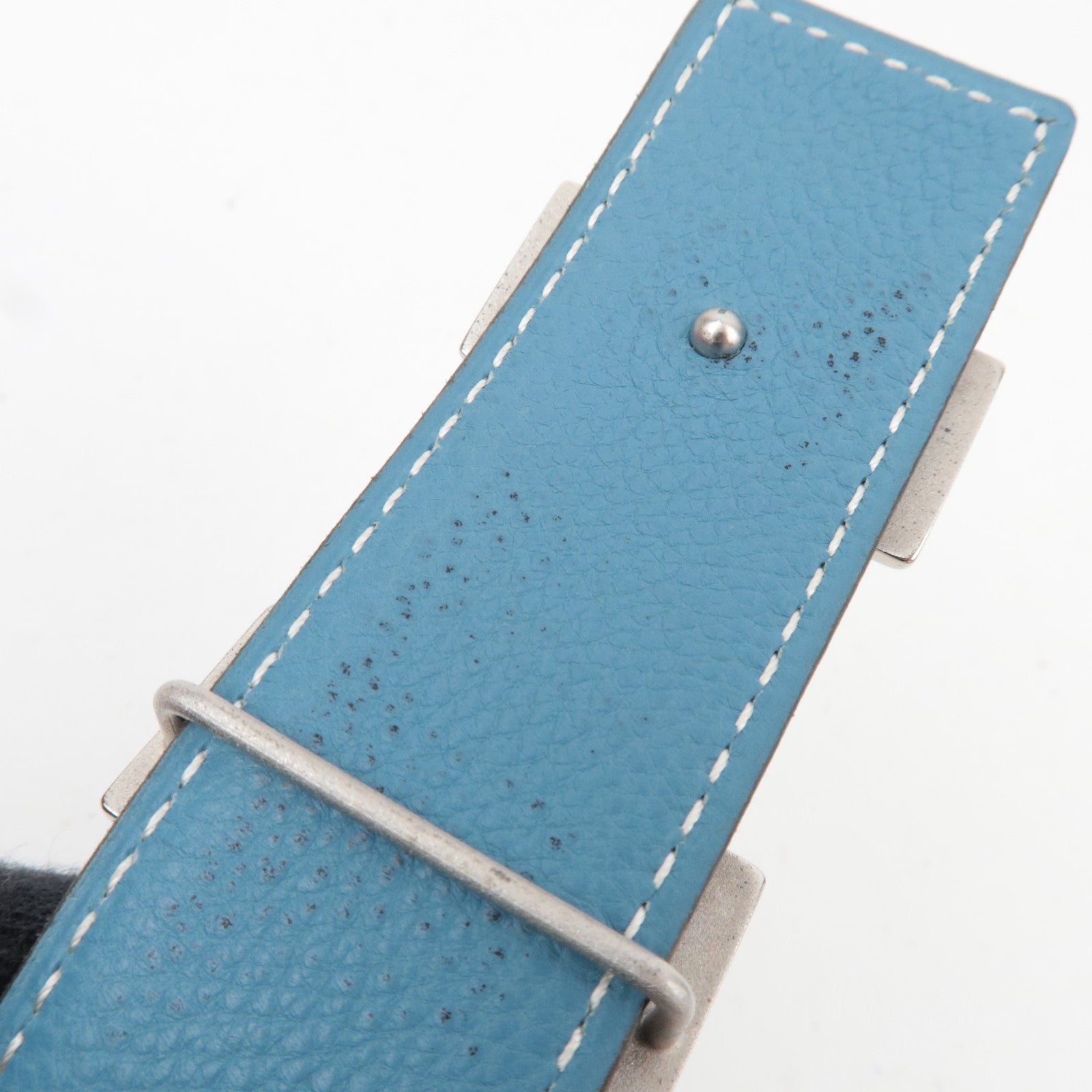 HERMES Constance H Leather Belt Reversible H Stamp (2004) Black Light Blue