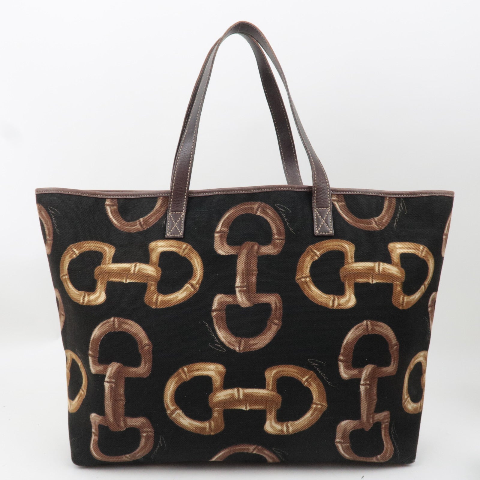 GUCCI Horsebit Print Tote Bag Canvas Leather Black Brown 154402