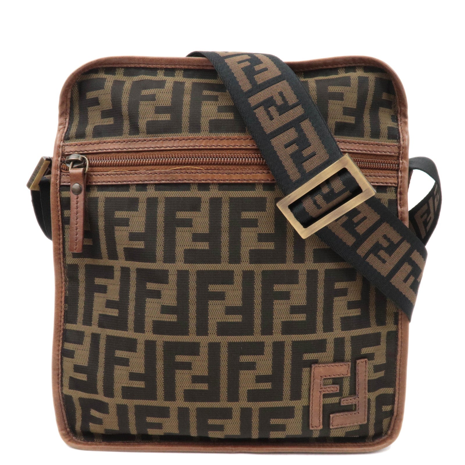 FENDI Zucca Shoulder Bag Canvas Leather Khaki Black Brown 7VA15286484