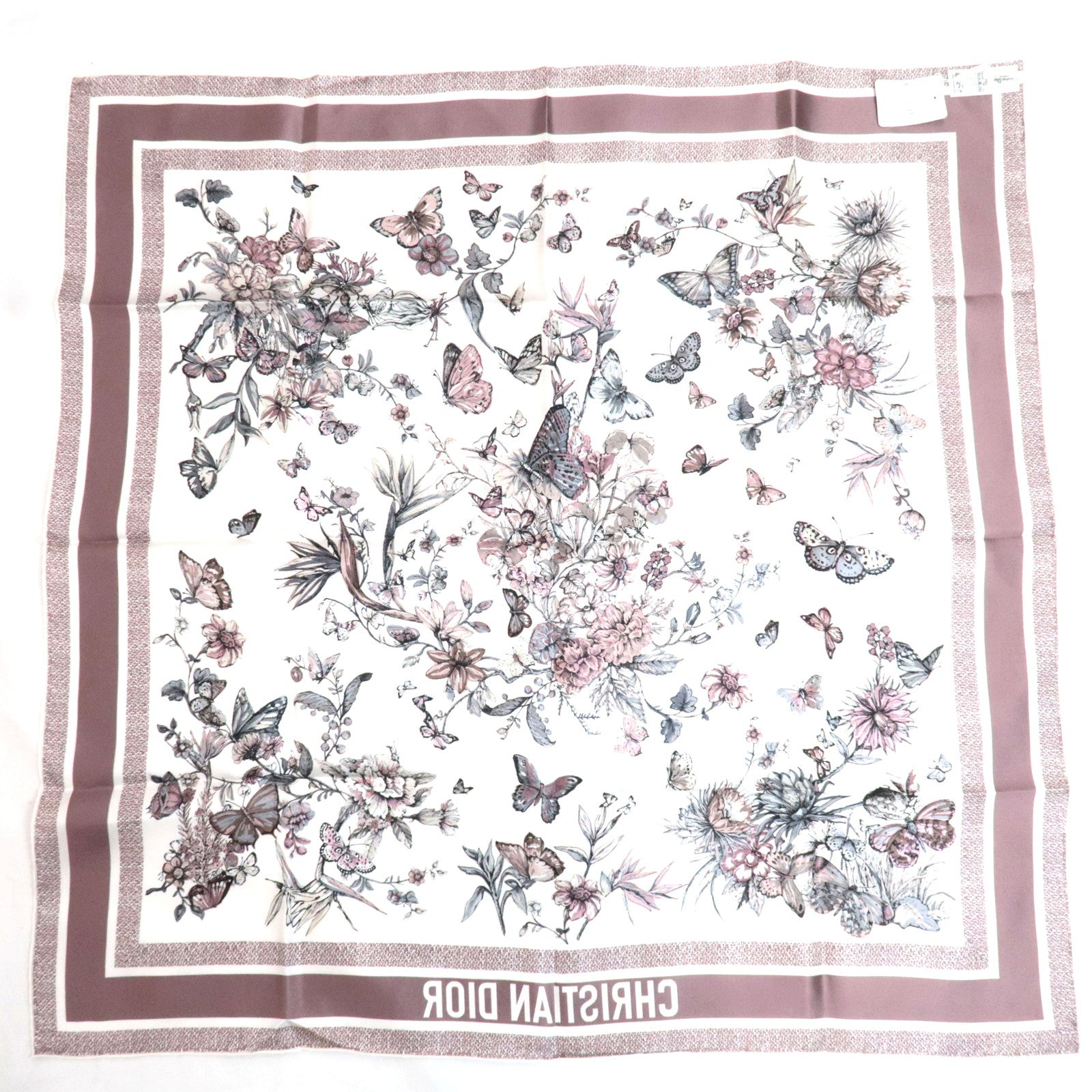 Christian Dior Scarf Butterfly Print 100% Silk White Pink