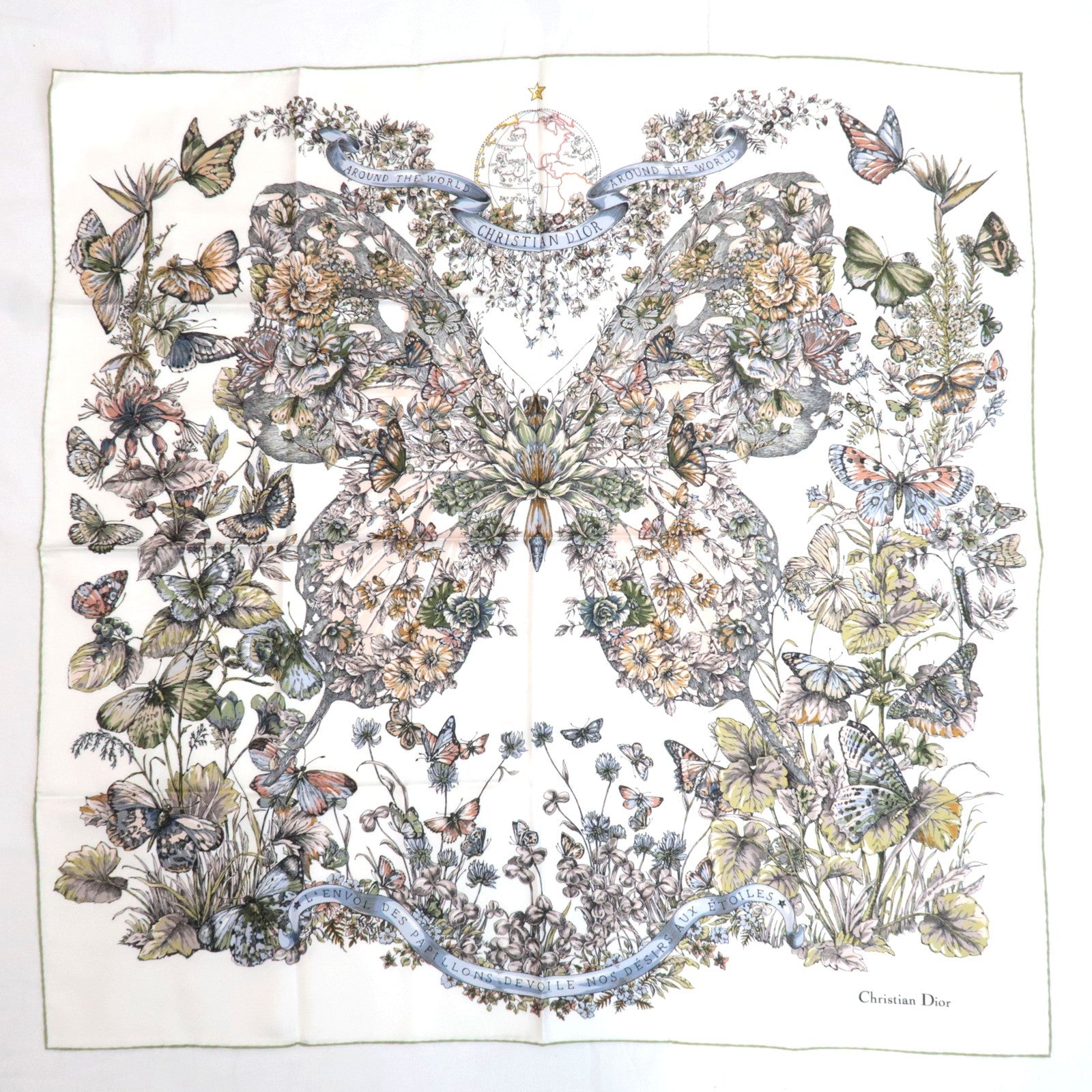 Christian Dior Scarf Butterfly Print 100% Silk White Green86561