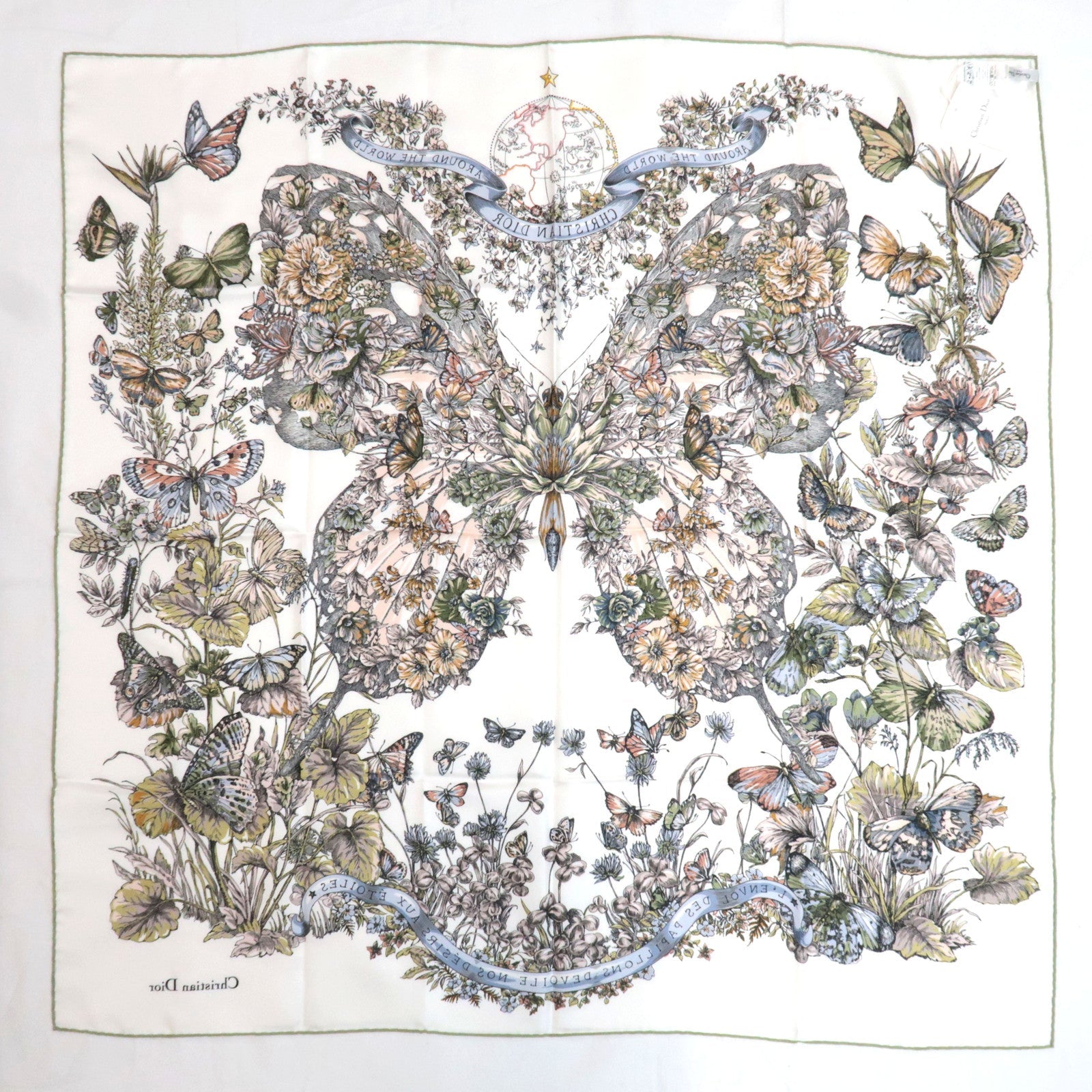 Christian Dior Scarf Butterfly Print 100% Silk White Green