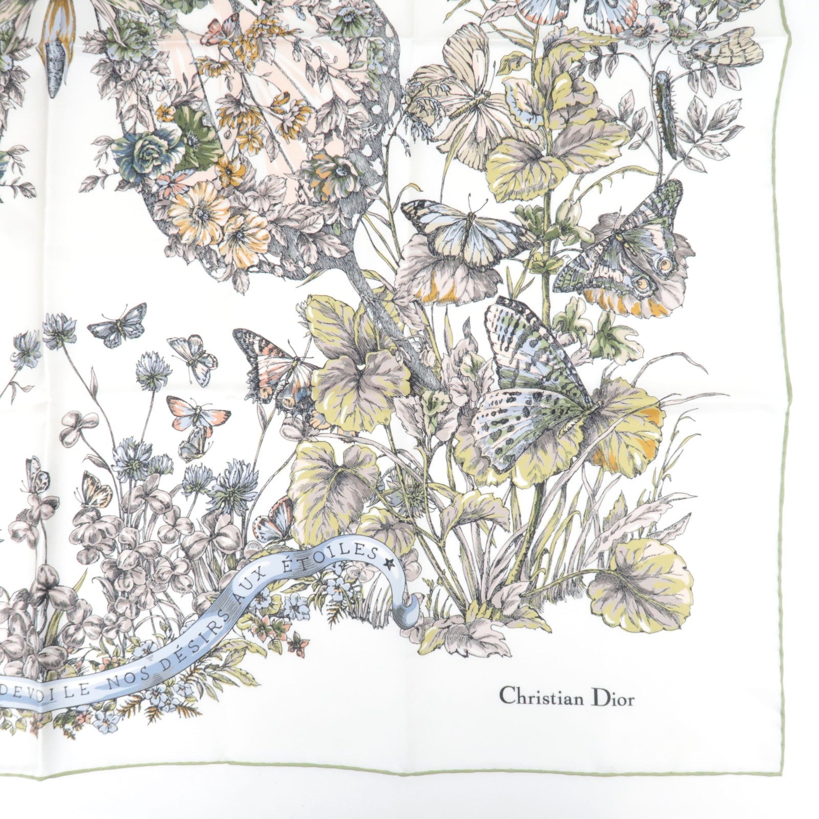Christian Dior Scarf Butterfly Print 100% Silk White Green
