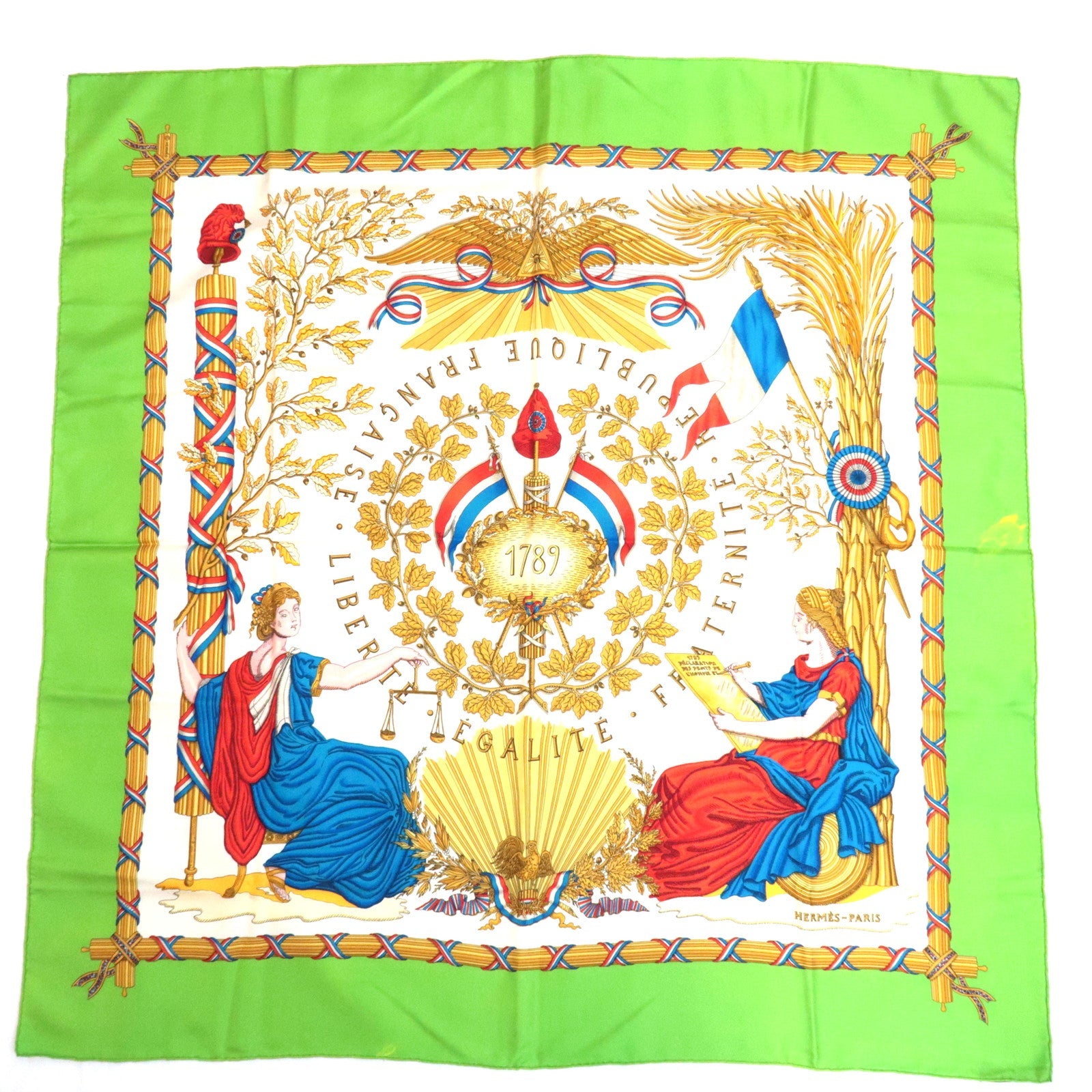 Hermes Carre 90 Scarf LIBERTE EGALITE FRATERNITE REPUBLIQUE FRANCAISE 1789 100% Silk Green86562