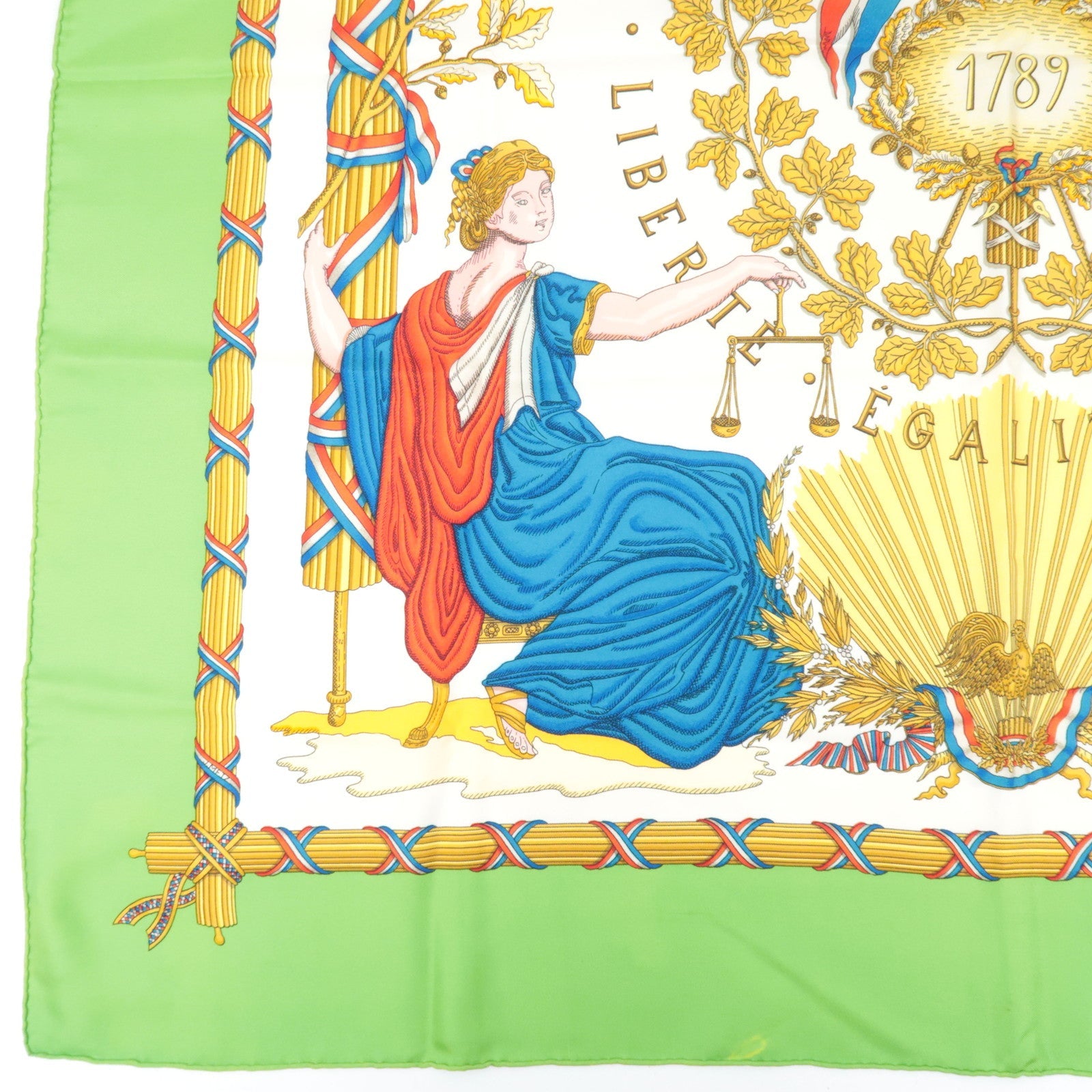 Hermes Carre 90 Scarf LIBERTE EGALITE FRATERNITE REPUBLIQUE FRANCAISE 1789 100% Silk Green