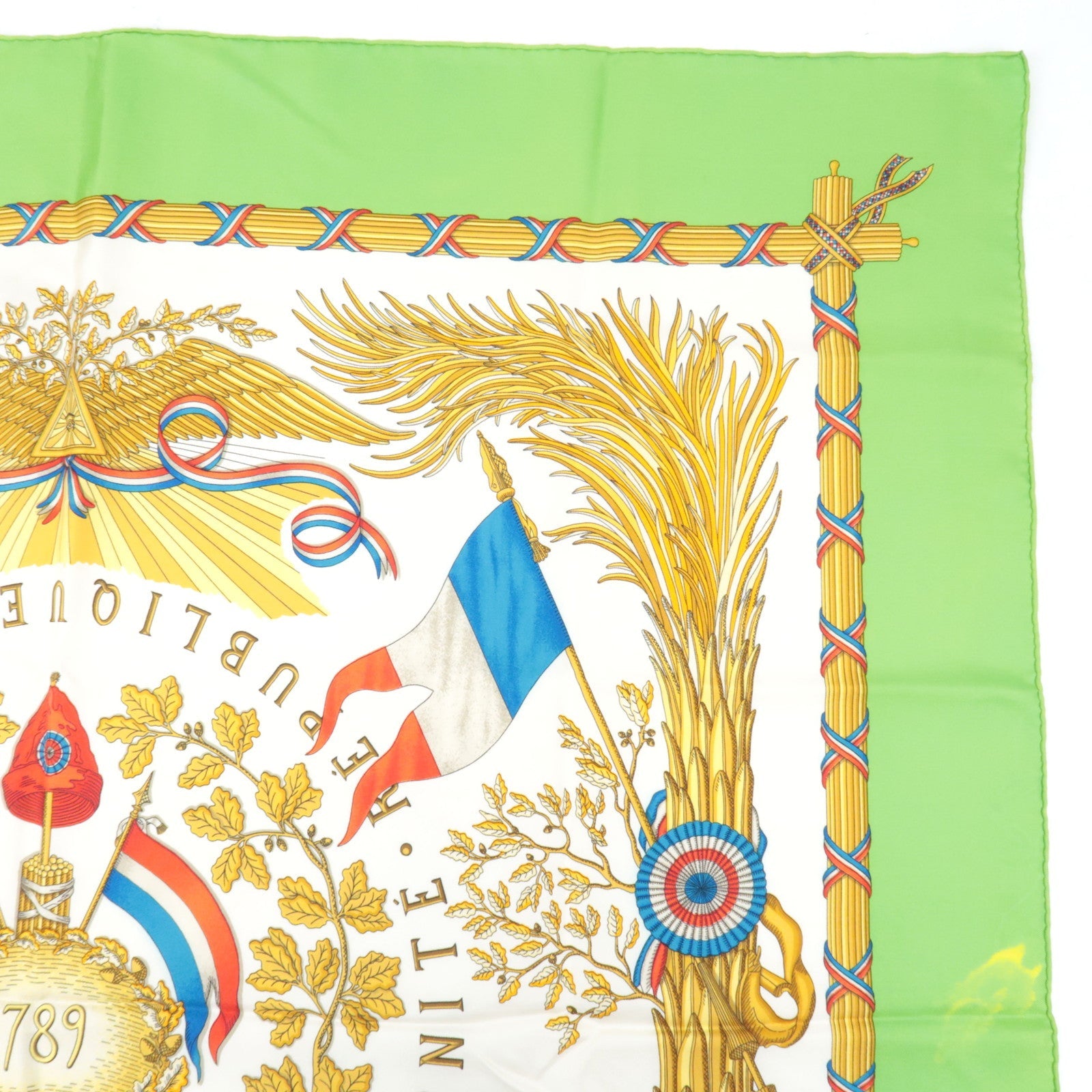 Hermes Carre 90 Scarf LIBERTE EGALITE FRATERNITE REPUBLIQUE FRANCAISE 1789 100% Silk Green