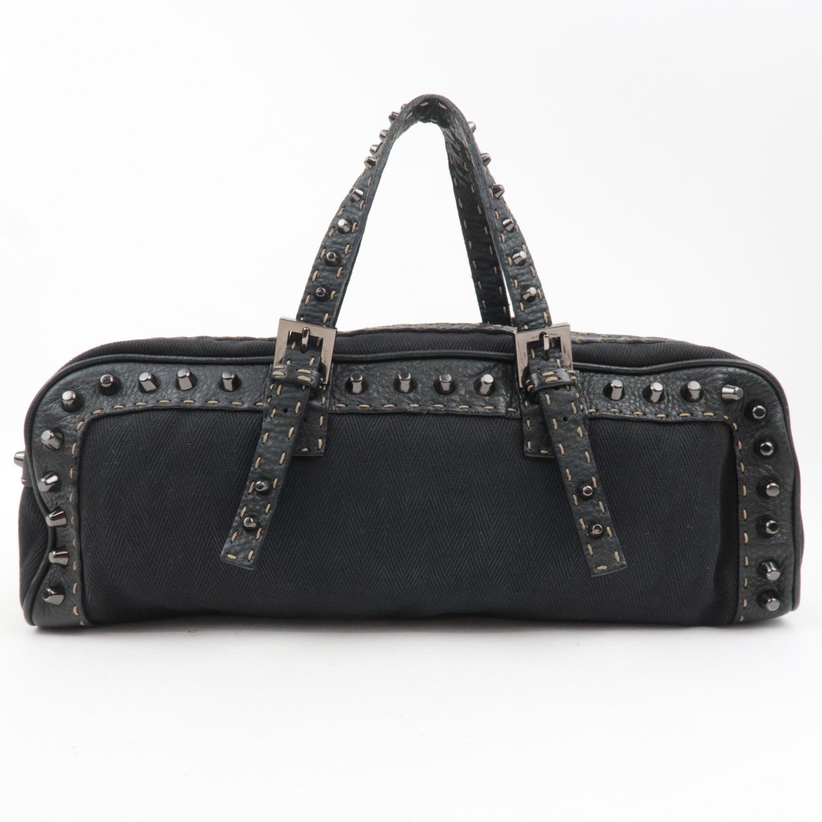 FENDI Selleria Canvas Leather East West Handbag Black 8BL006