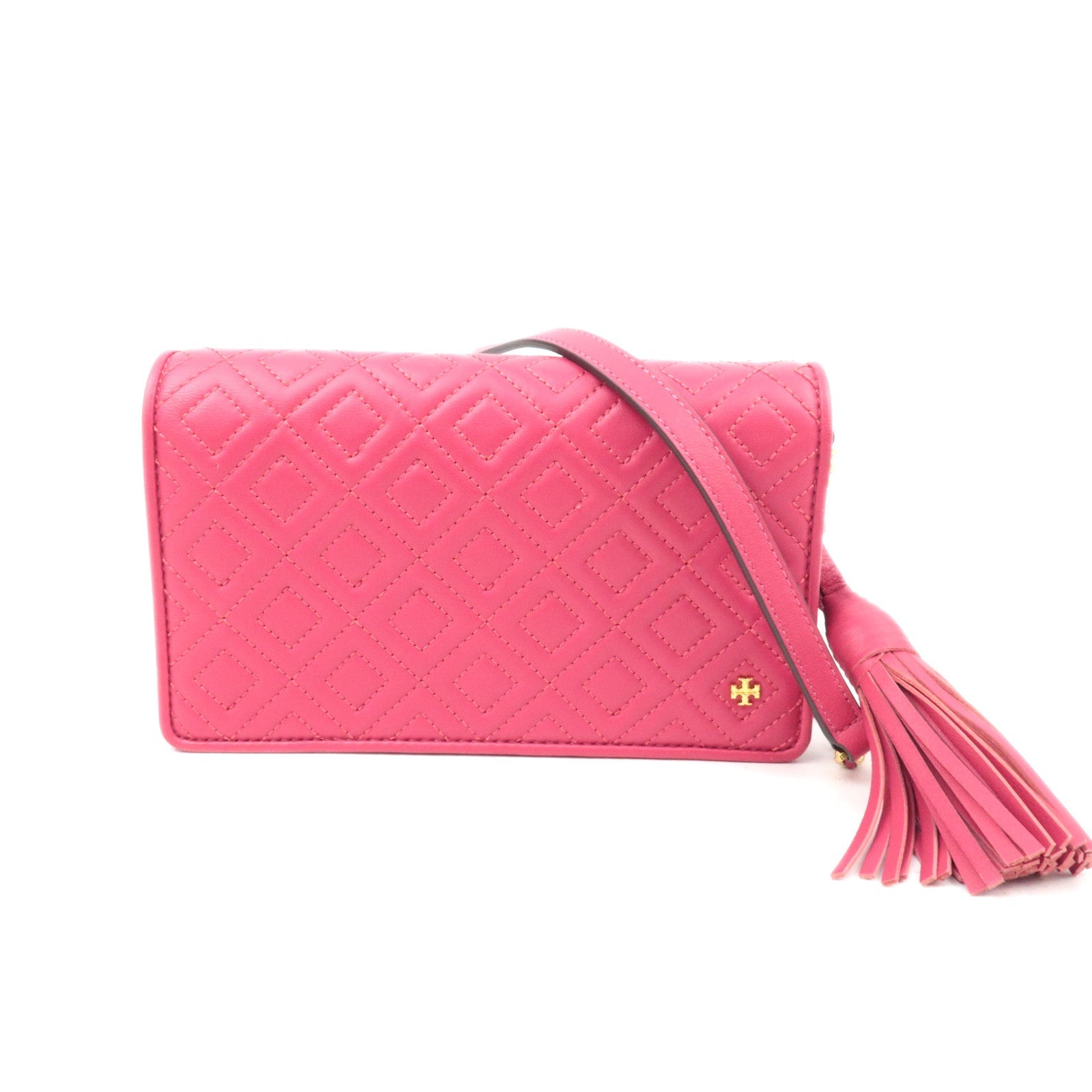 TORY BURCH Fleming Quilted Leather Chain Wallet Purse WOC Pink86623