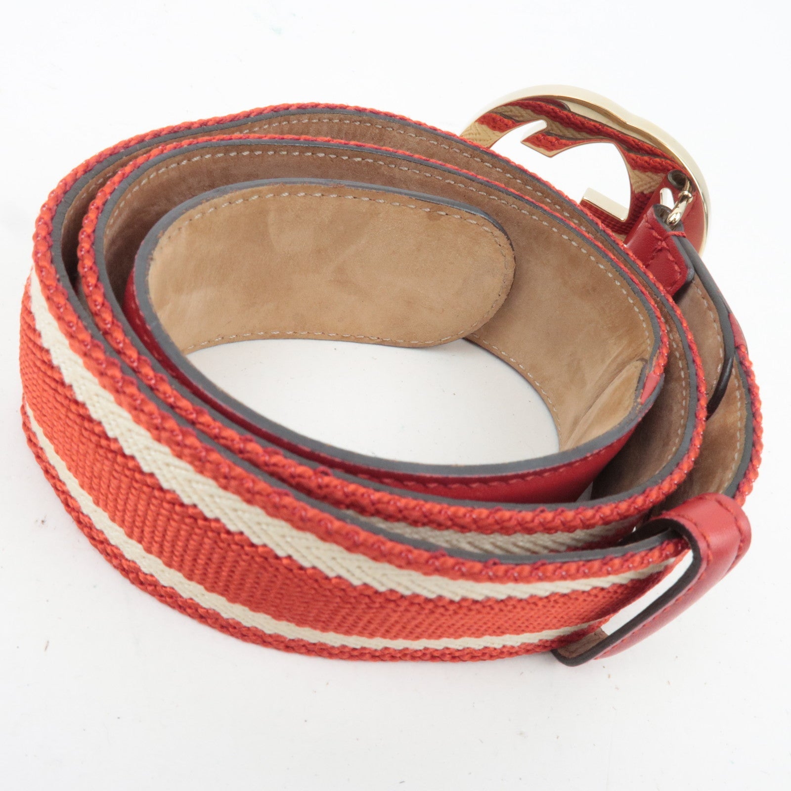 GUCCI Interlocking G Belt 85/34 Canvas Leather Red 114876