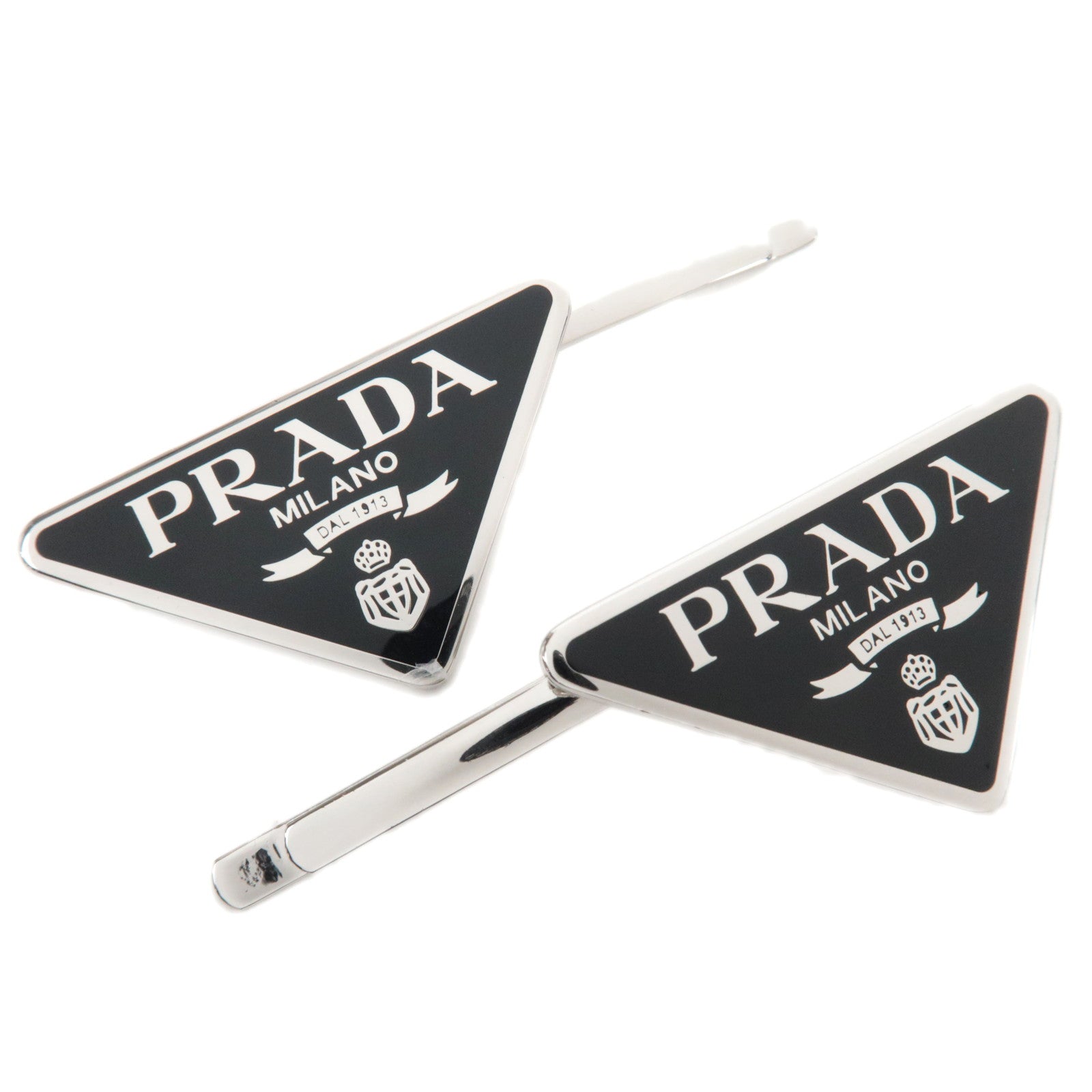 PRADA Triangle Logo Metal Hair Clip Silver Black86642