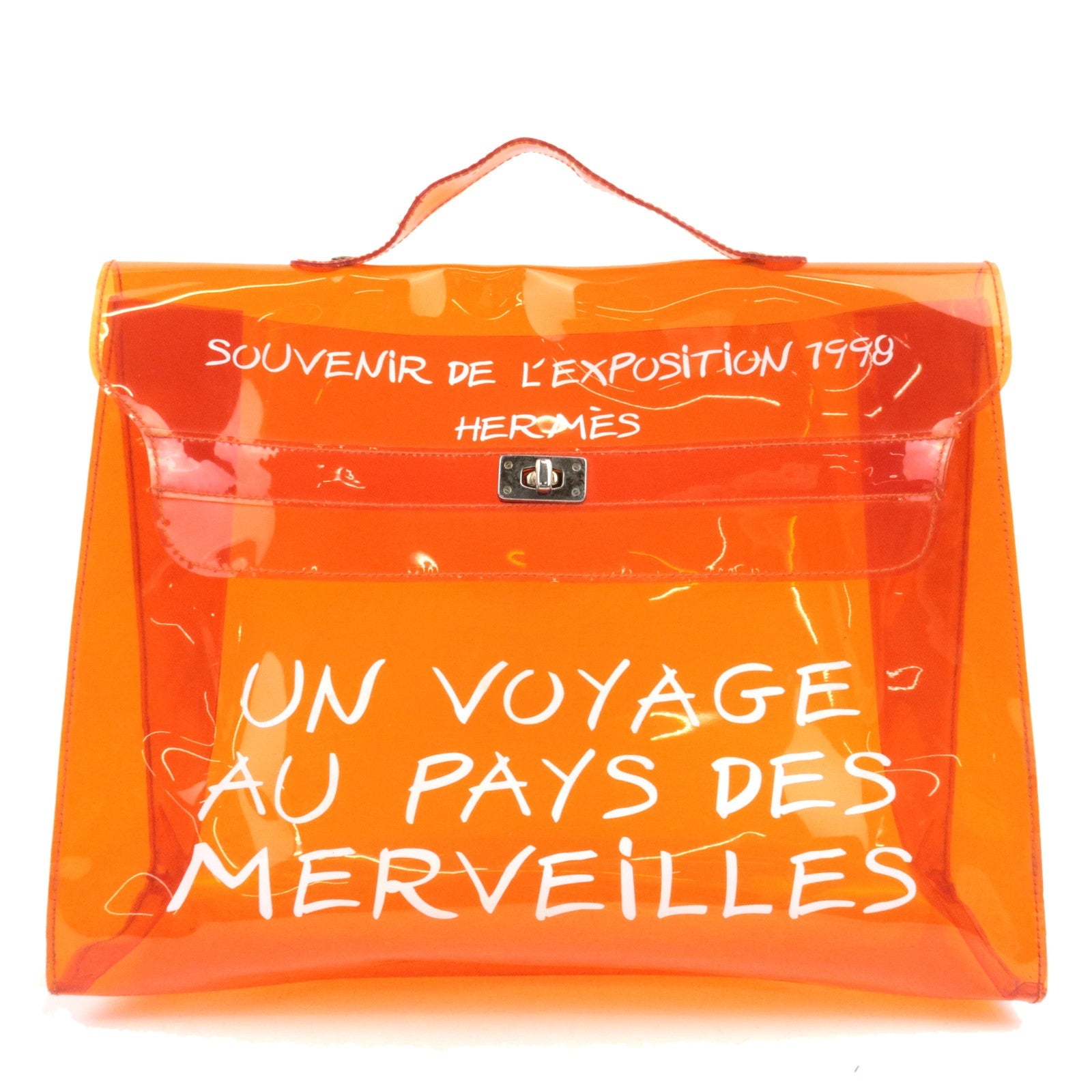 HERMES Vinyl Kelly Handbag Clear Orange86665