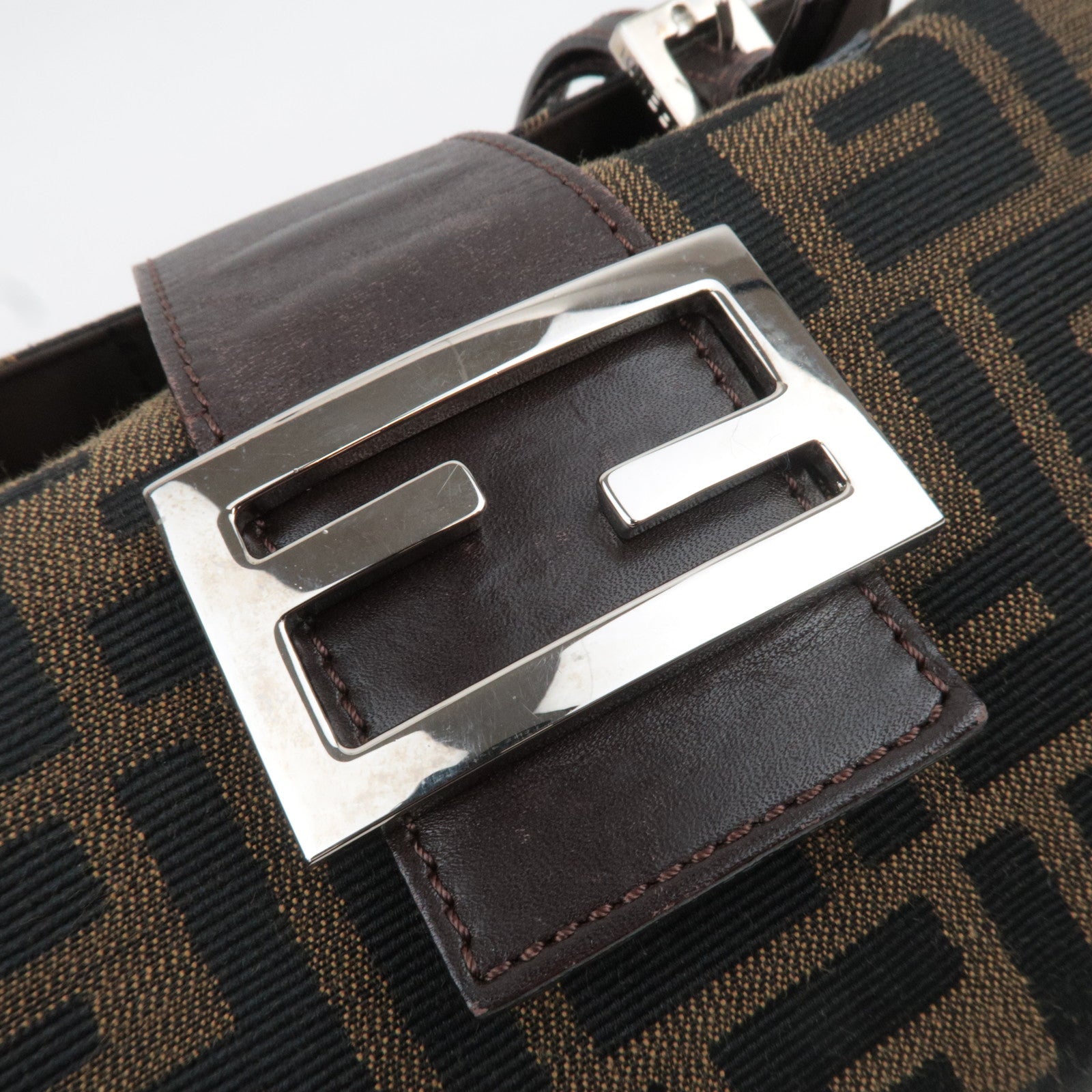 FENDI Zucca Canvas Leather Handbag Brown Black