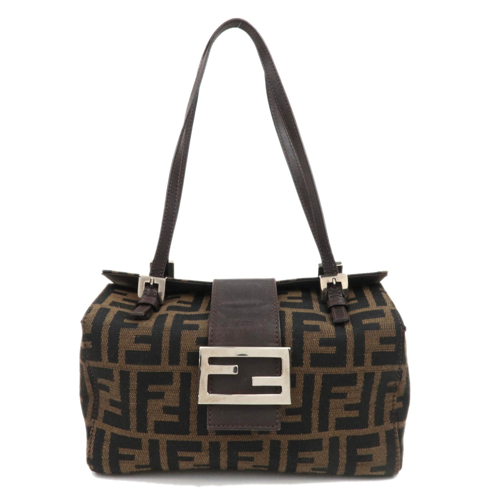 FENDI Zucca Canvas Leather Handbag Brown Black86677