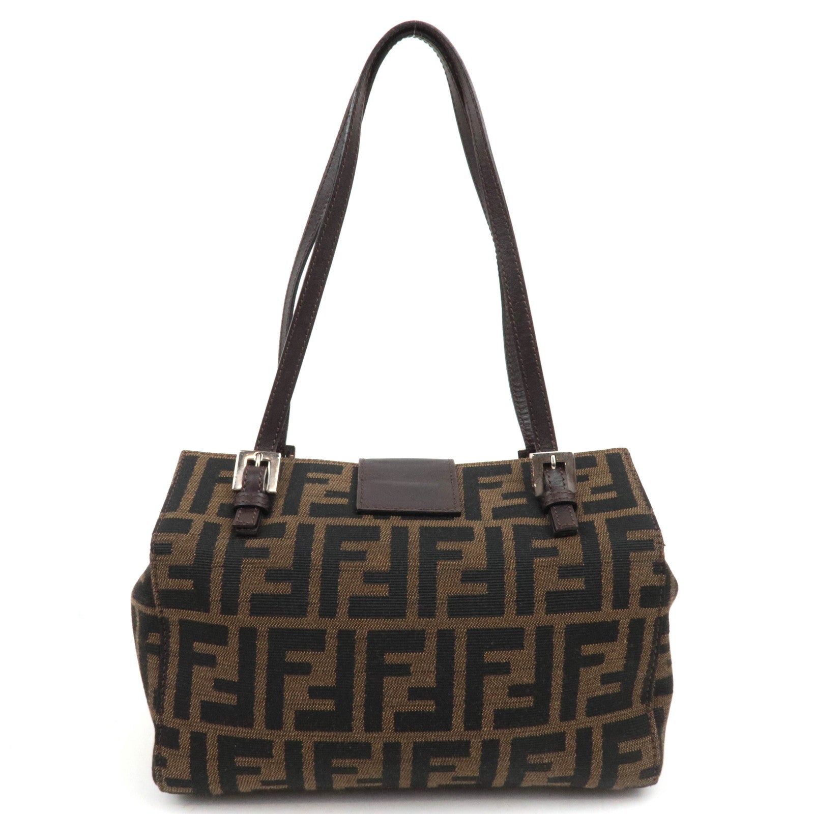 FENDI Zucca Canvas Leather Handbag Brown Black