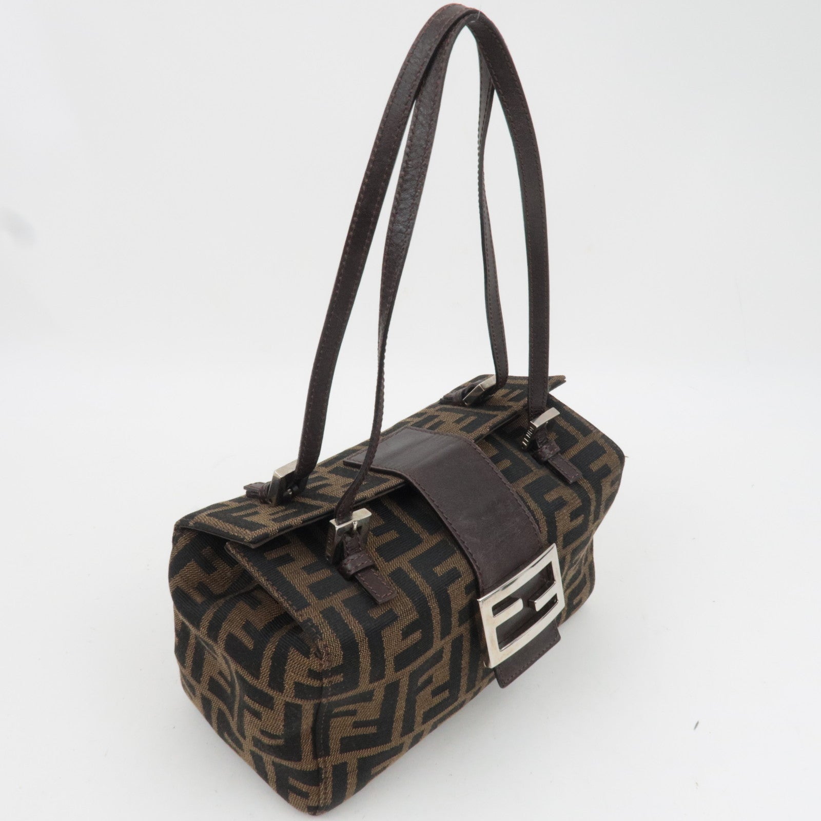 FENDI Zucca Canvas Leather Handbag Brown Black