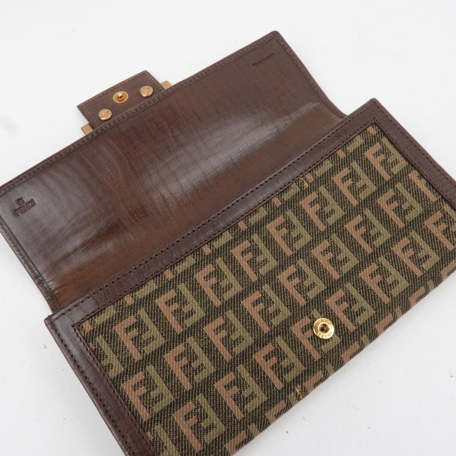 FENDI Zucchino Canvas Leather Long Wallet Khaki Brown 8M0021