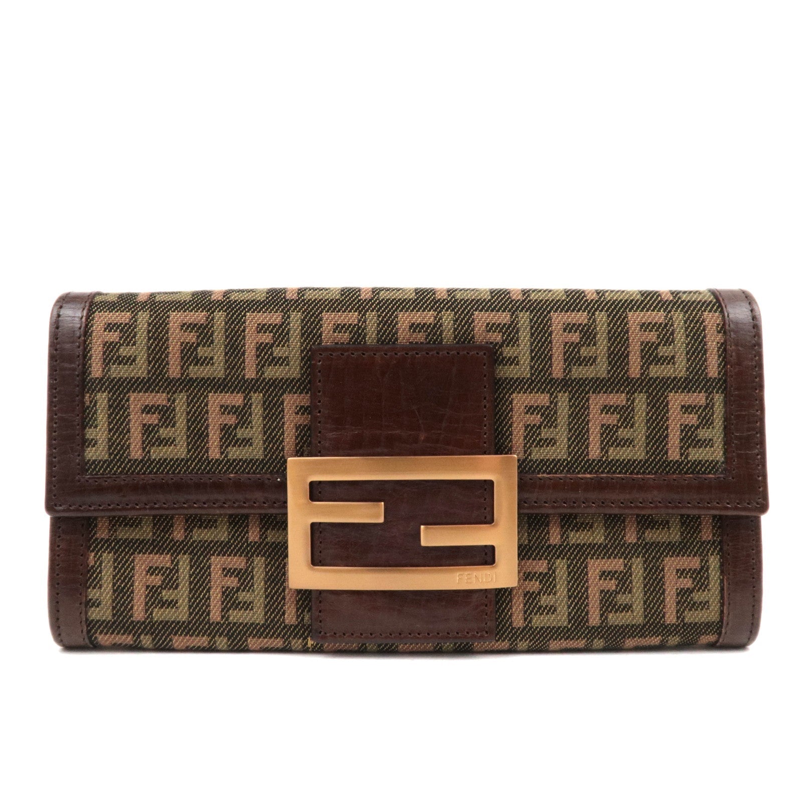 FENDI Zucchino Canvas Leather Long Wallet Khaki Brown 8M002186680