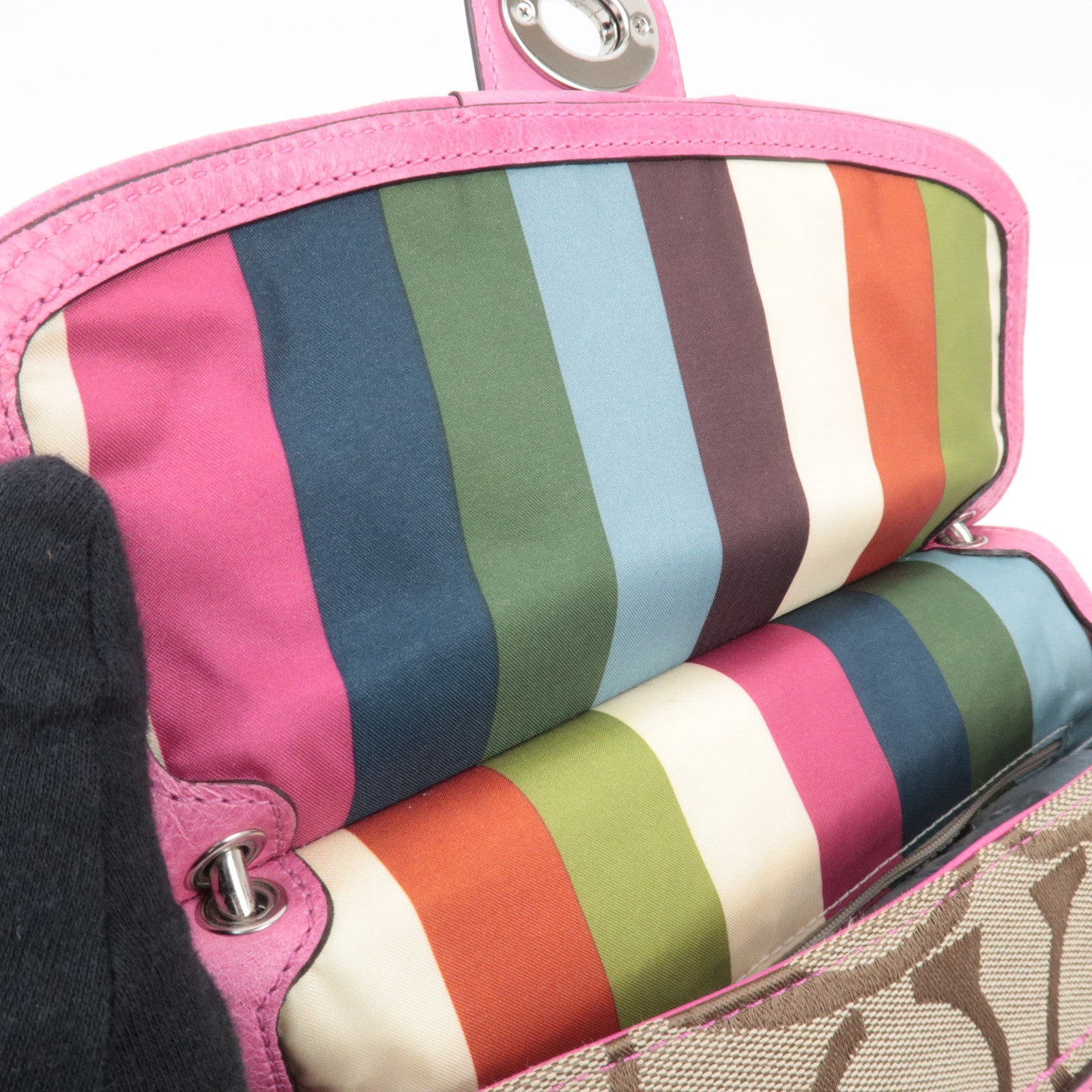 COACH Signature 2Way Canvas Leather Handbag Beige Pink 19034