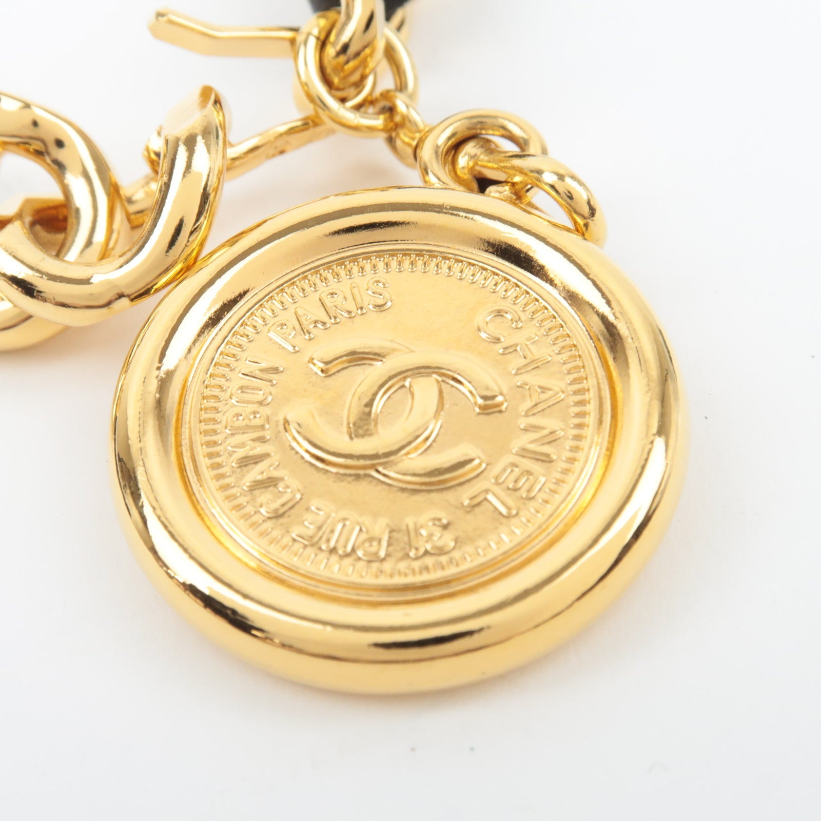 CHANEL Coin Charm Leather Chain Belt Black Gold