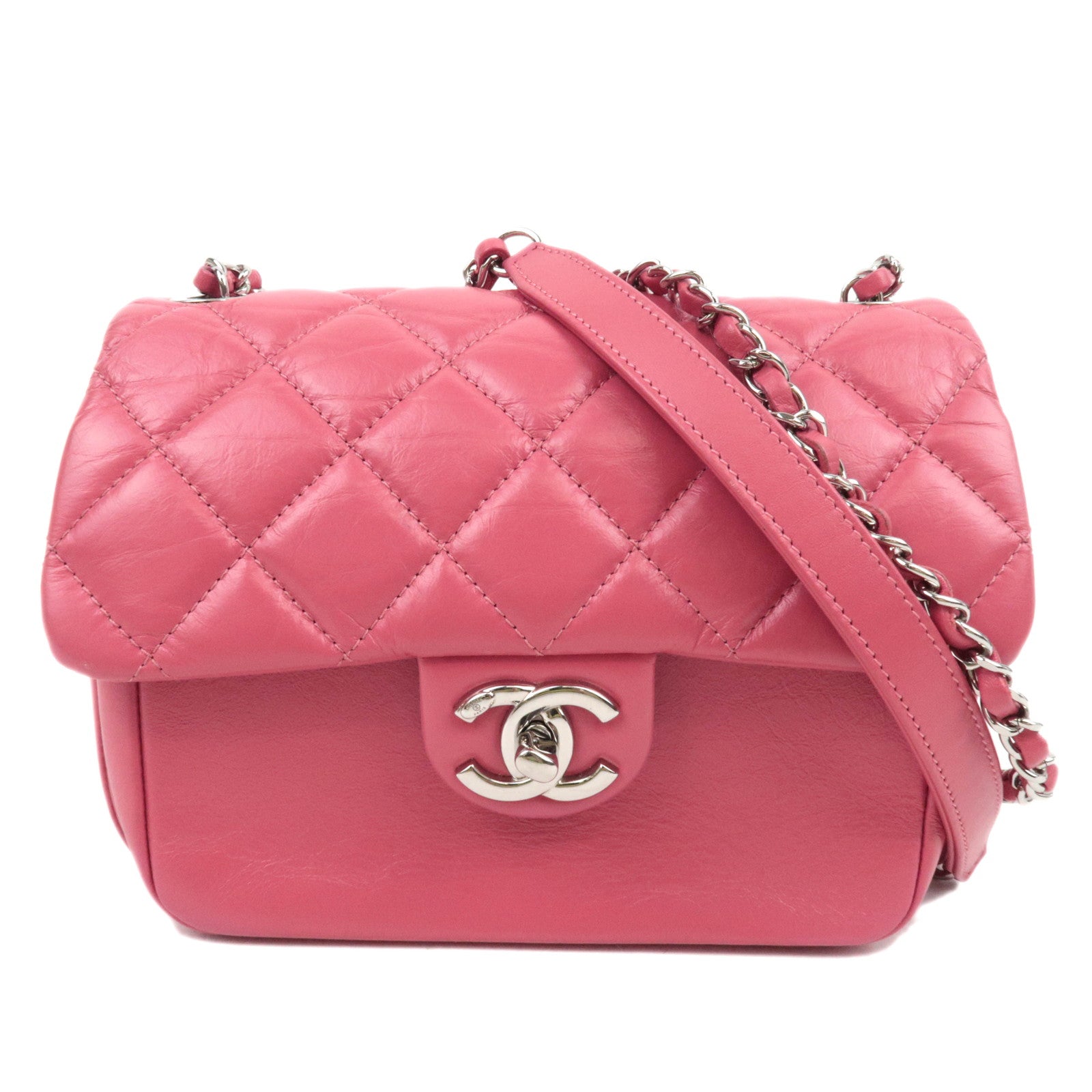 CHANEL Matelasse Calf Leather Chain Shoulder Bag Pink Silver HDW AS131586794