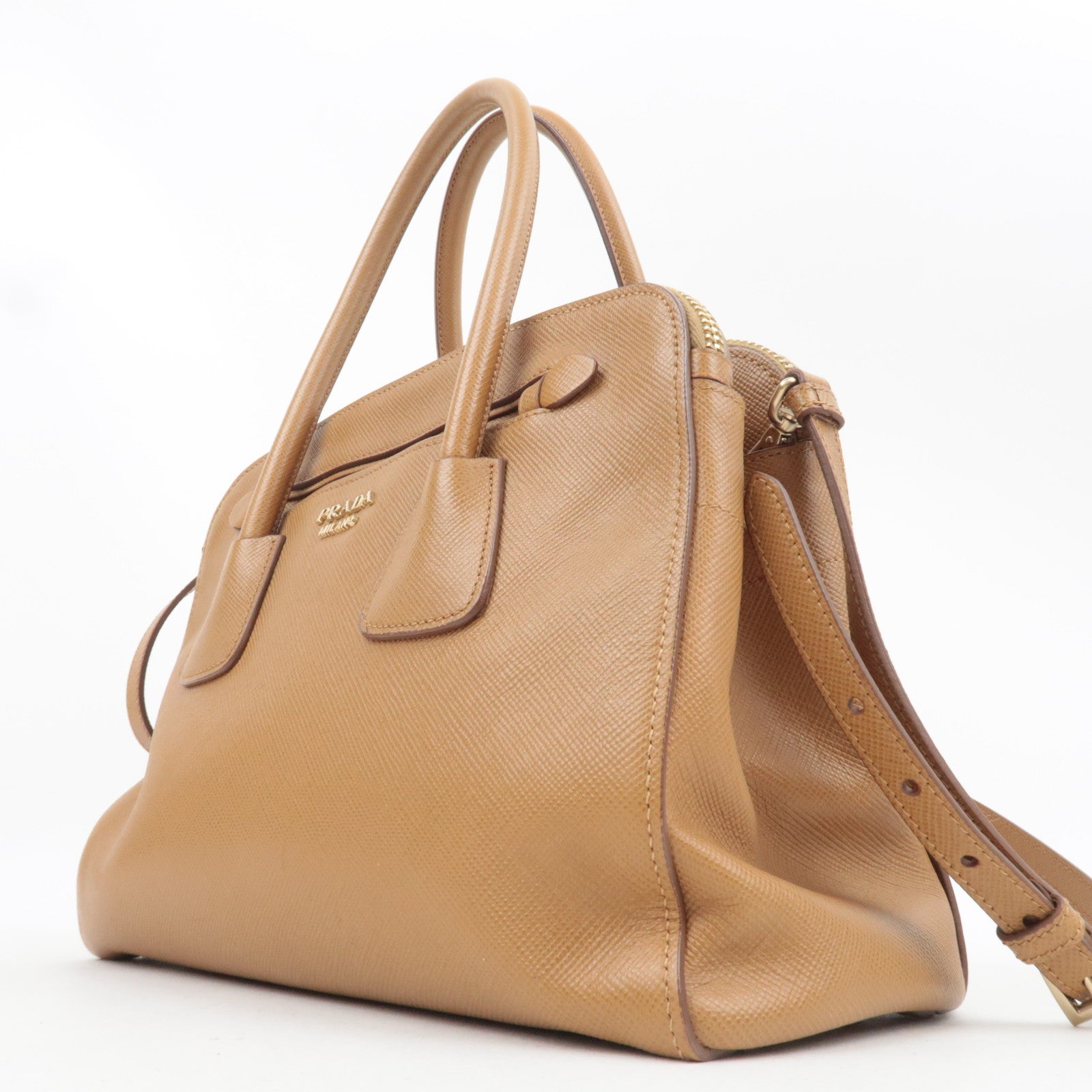 PRADA 2Way Saffiano Leather Handbag Camel