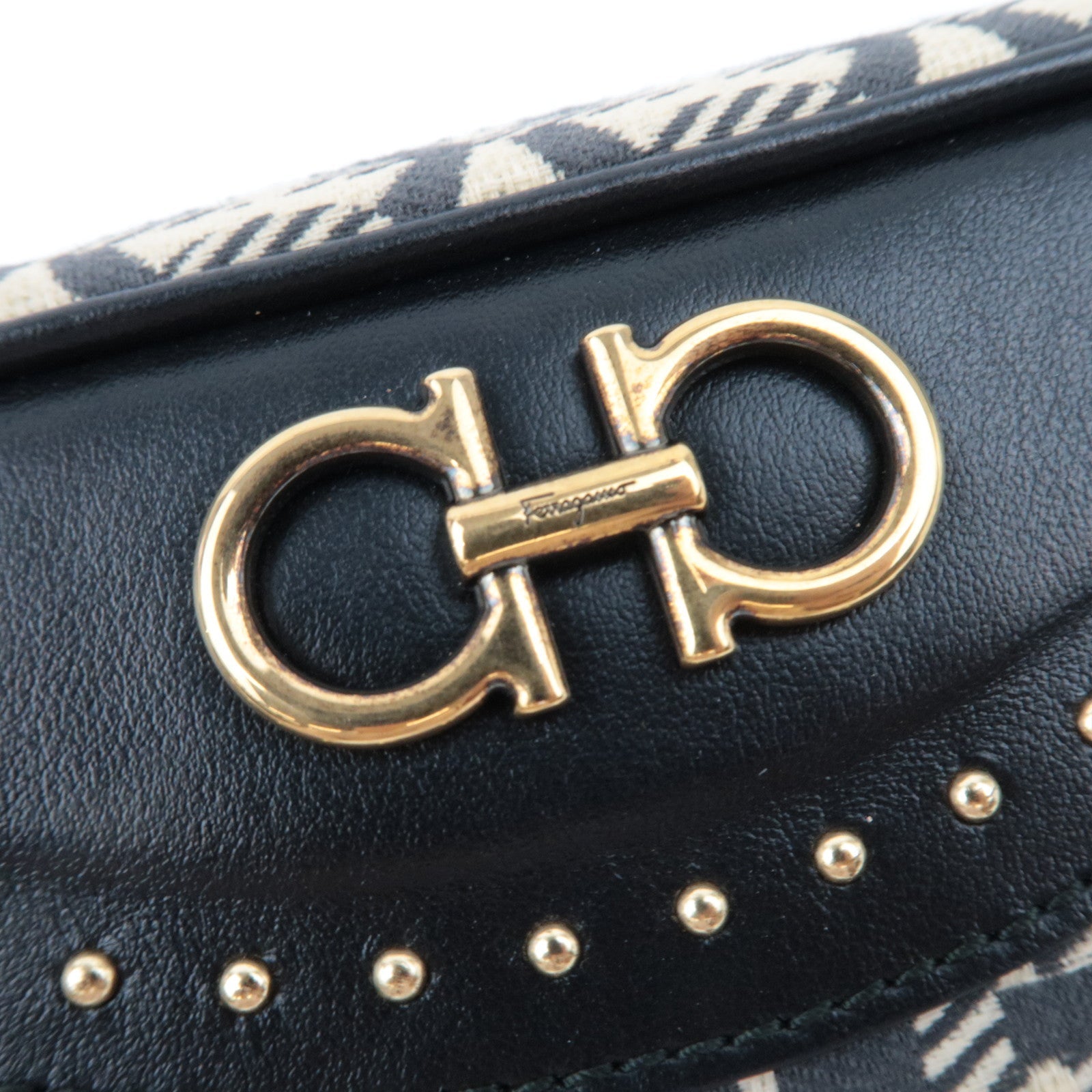 Ferragamo Gancini Canvas Leather Clutch Bag Beige Black