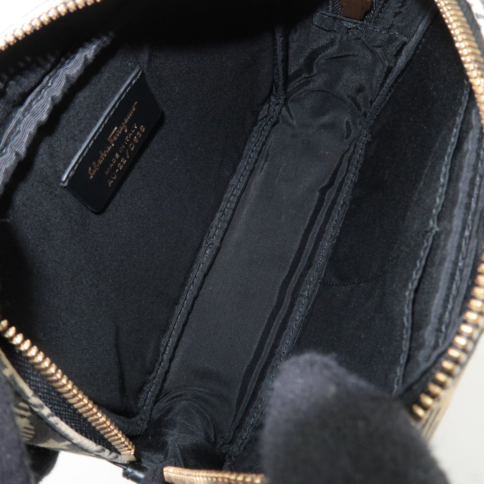 Ferragamo Gancini Canvas Leather Clutch Bag Beige Black