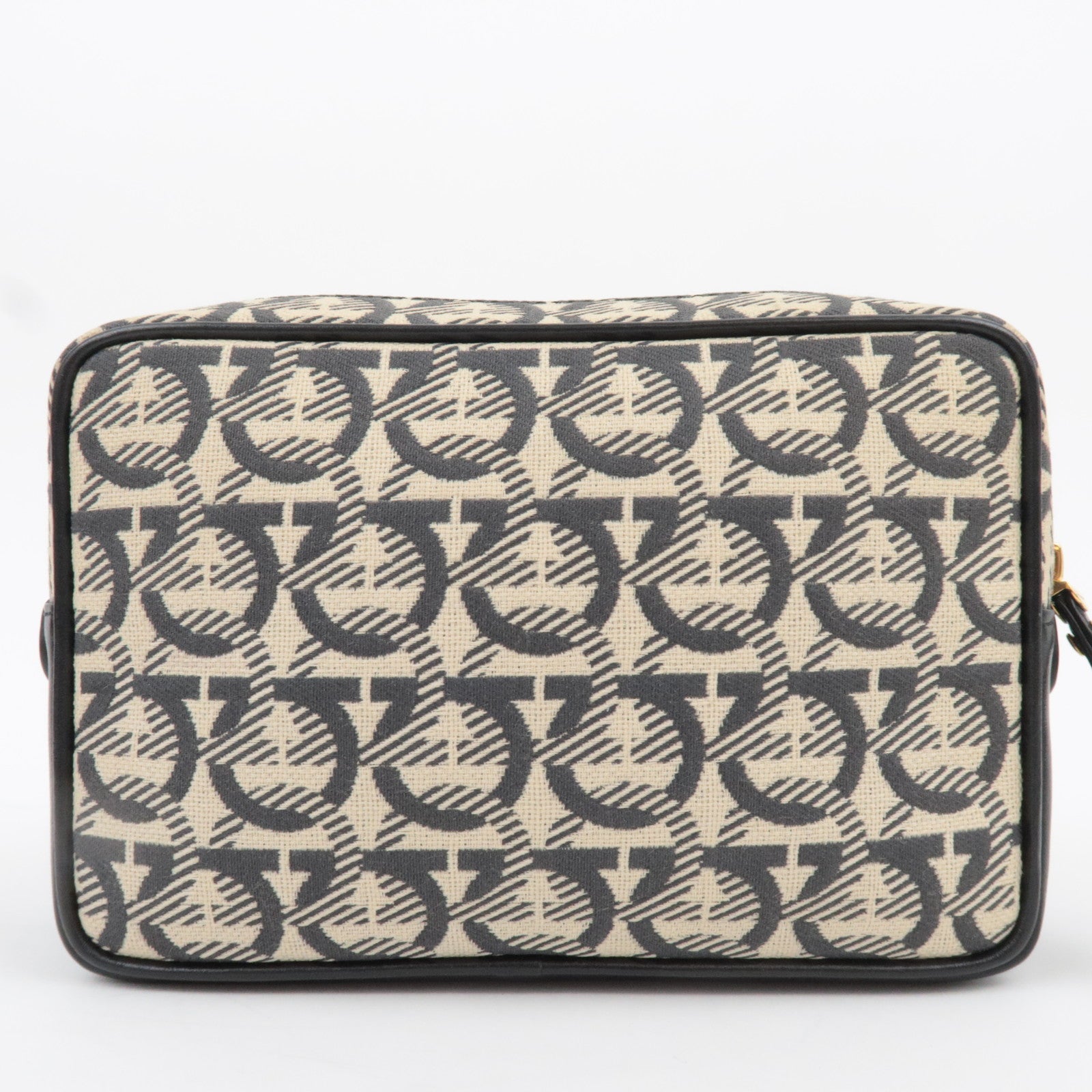 Ferragamo Gancini Canvas Leather Clutch Bag Beige Black