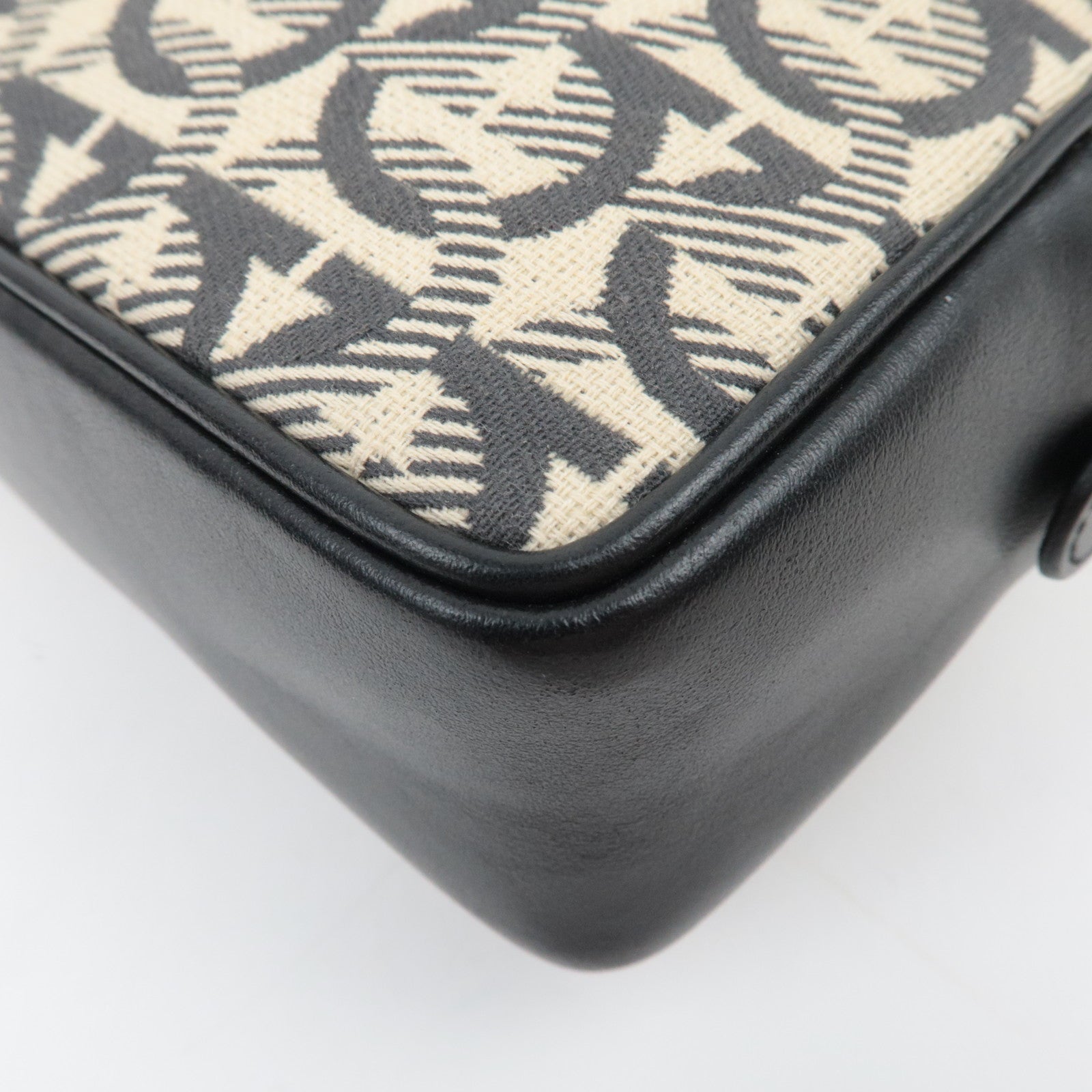 Ferragamo Gancini Canvas Leather Clutch Bag Beige Black