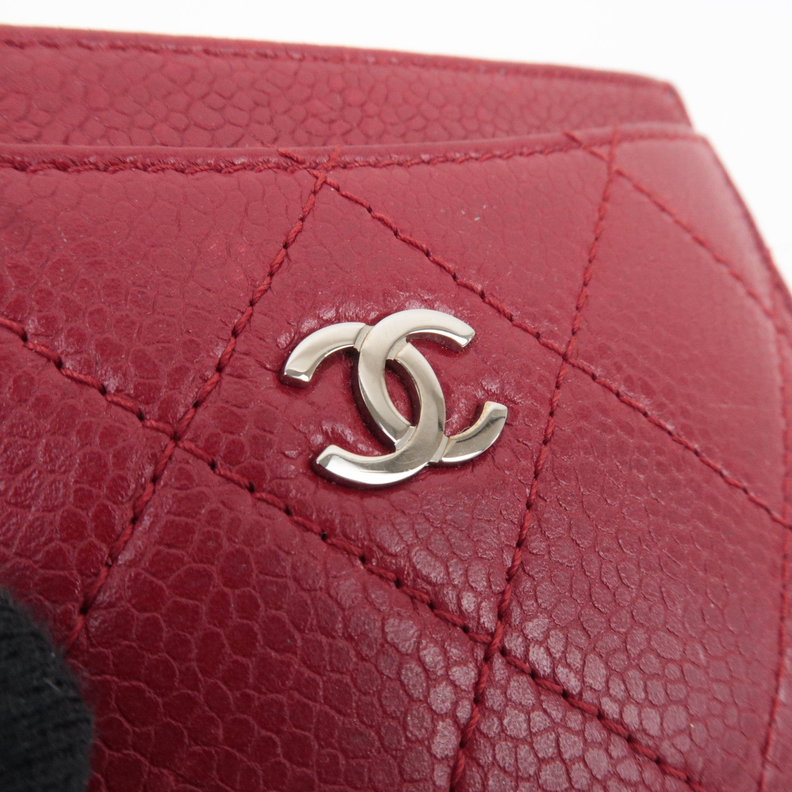 CHANEL Coco Mark Card Case Caviarskin Red Silver HDW