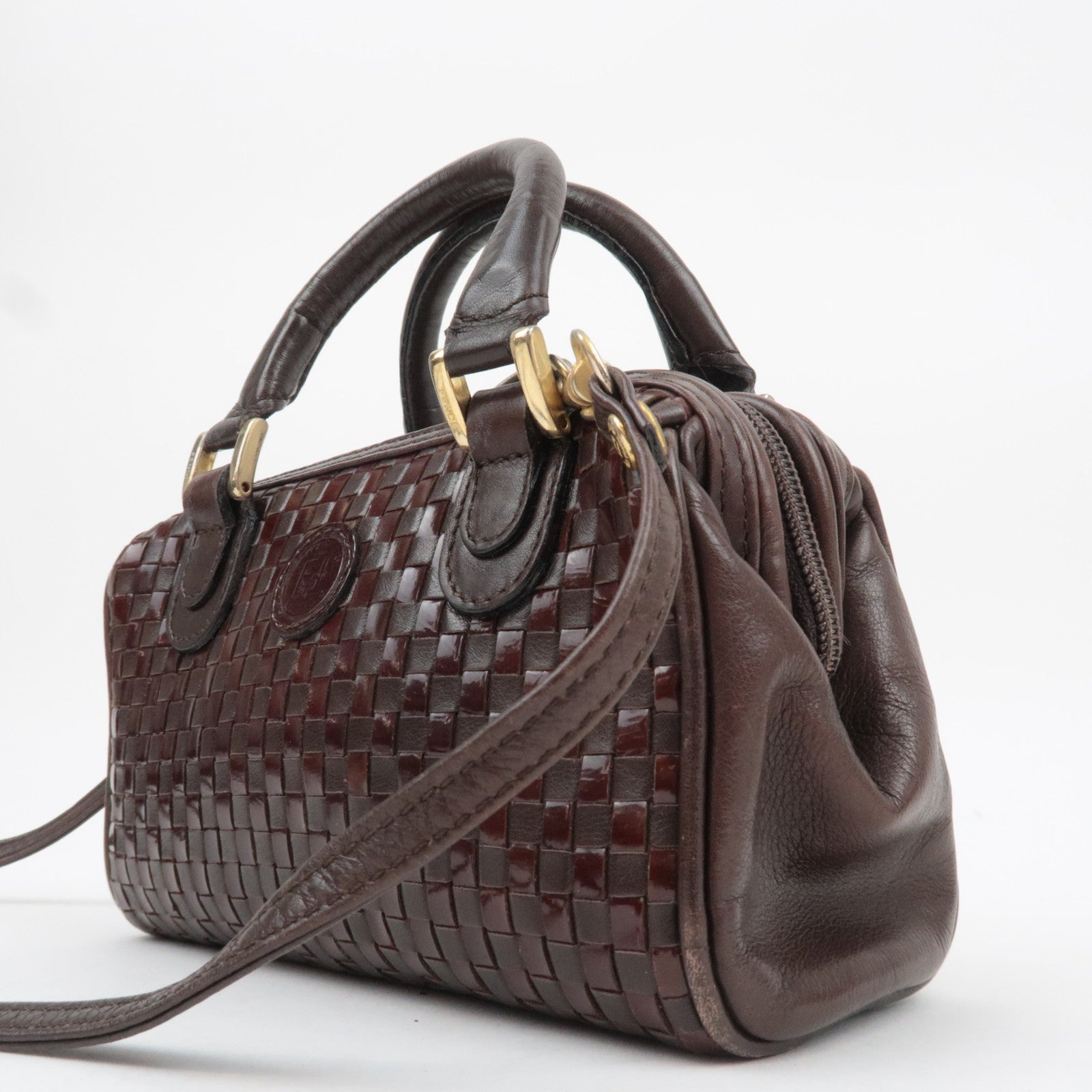 FENDI Braided Leather 2Way Handbag Brown 13961