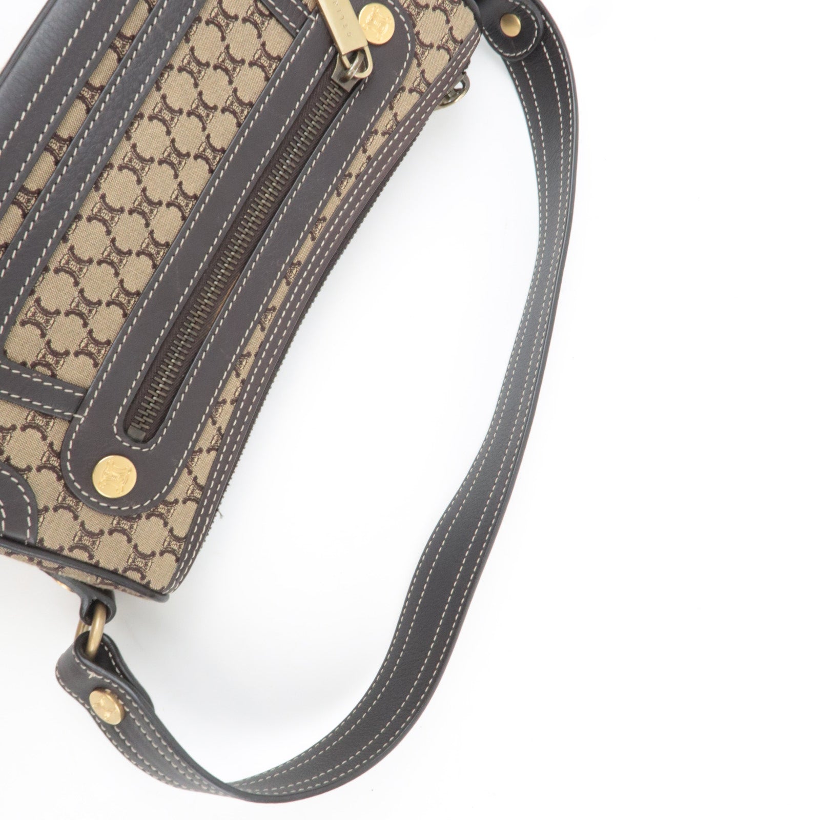 CELINE Macadam Canvas Leather Shoulder Bag Beige Brown