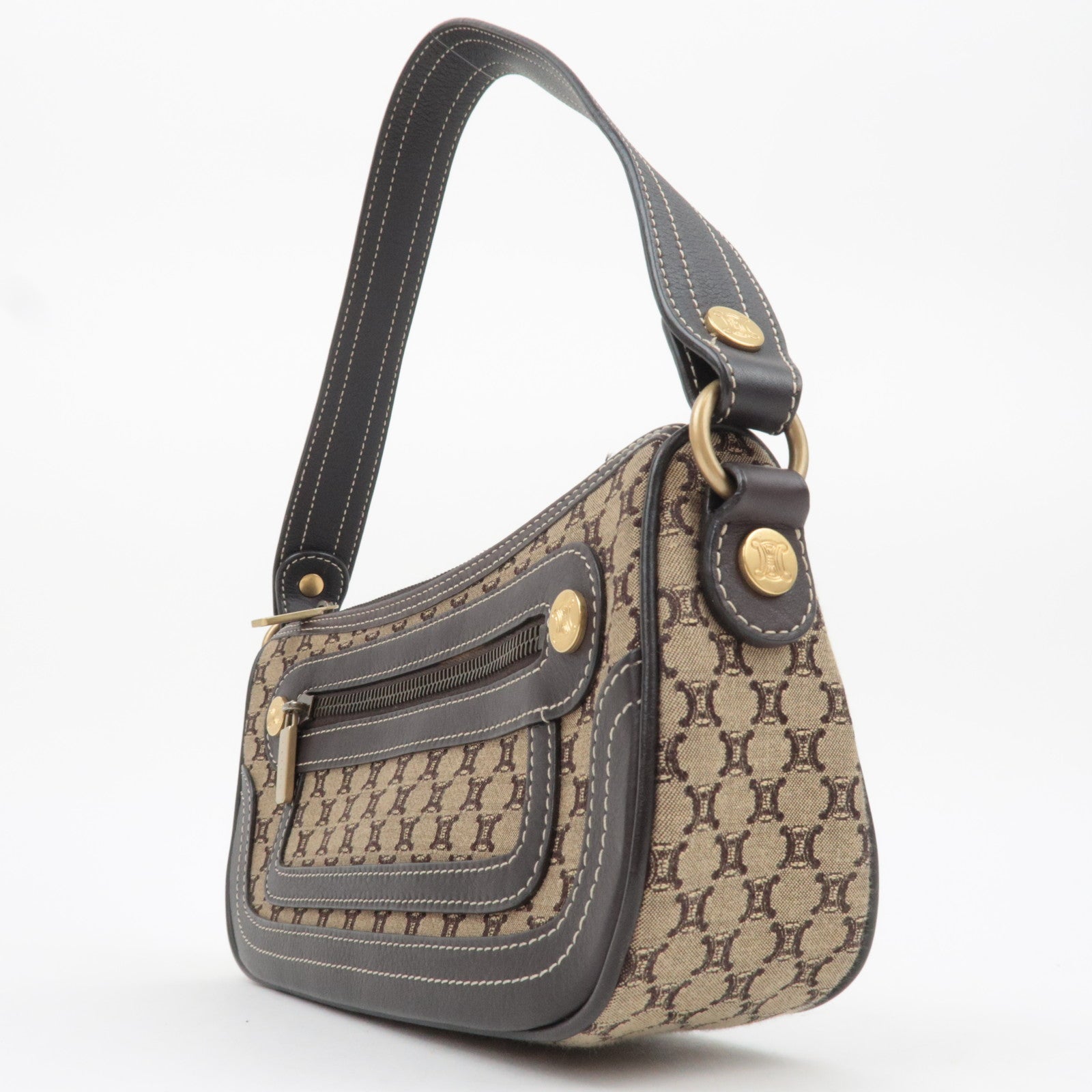 CELINE Macadam Canvas Leather Shoulder Bag Beige Brown