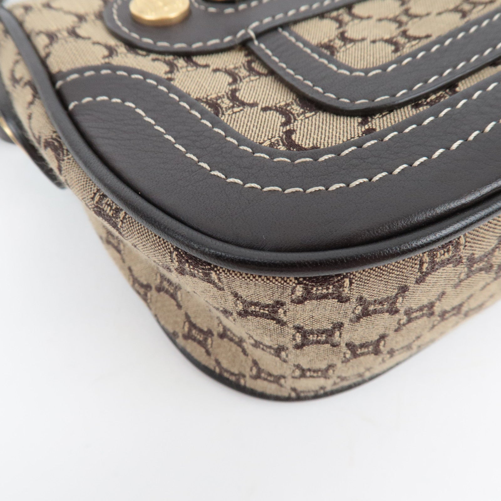 CELINE Macadam Canvas Leather Shoulder Bag Beige Brown