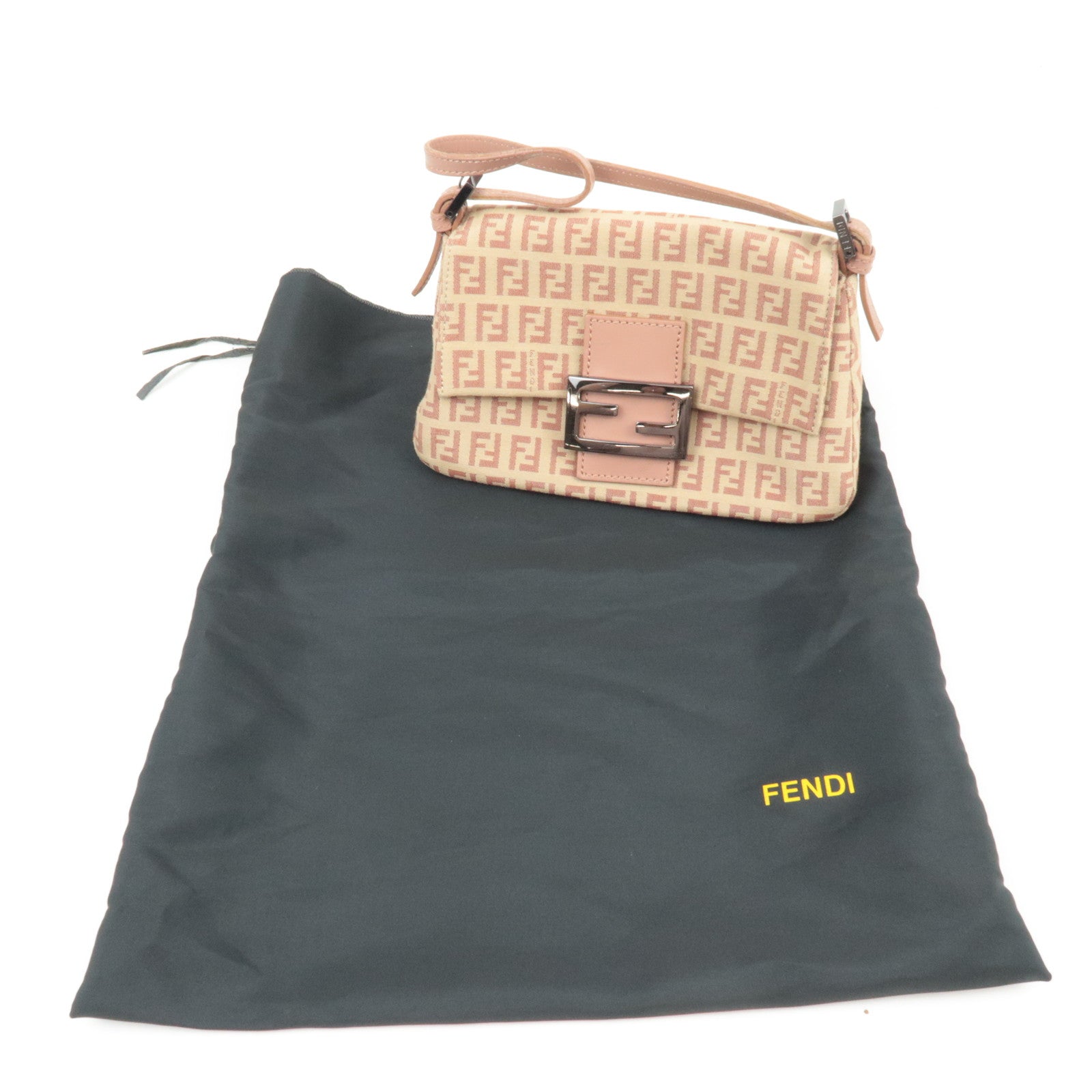 FENDI Zucchino Mini Mamma Baguette Canvas Leather Shoulder Bag Pink 8BR180