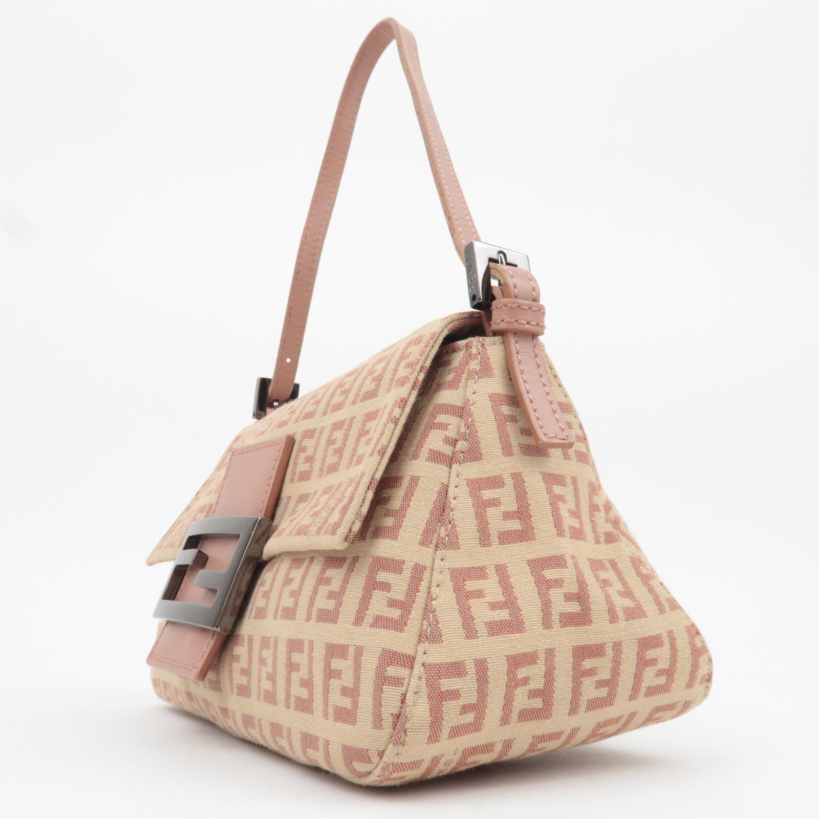 FENDI Zucchino Mini Mamma Baguette Canvas Leather Shoulder Bag Pink 8BR180