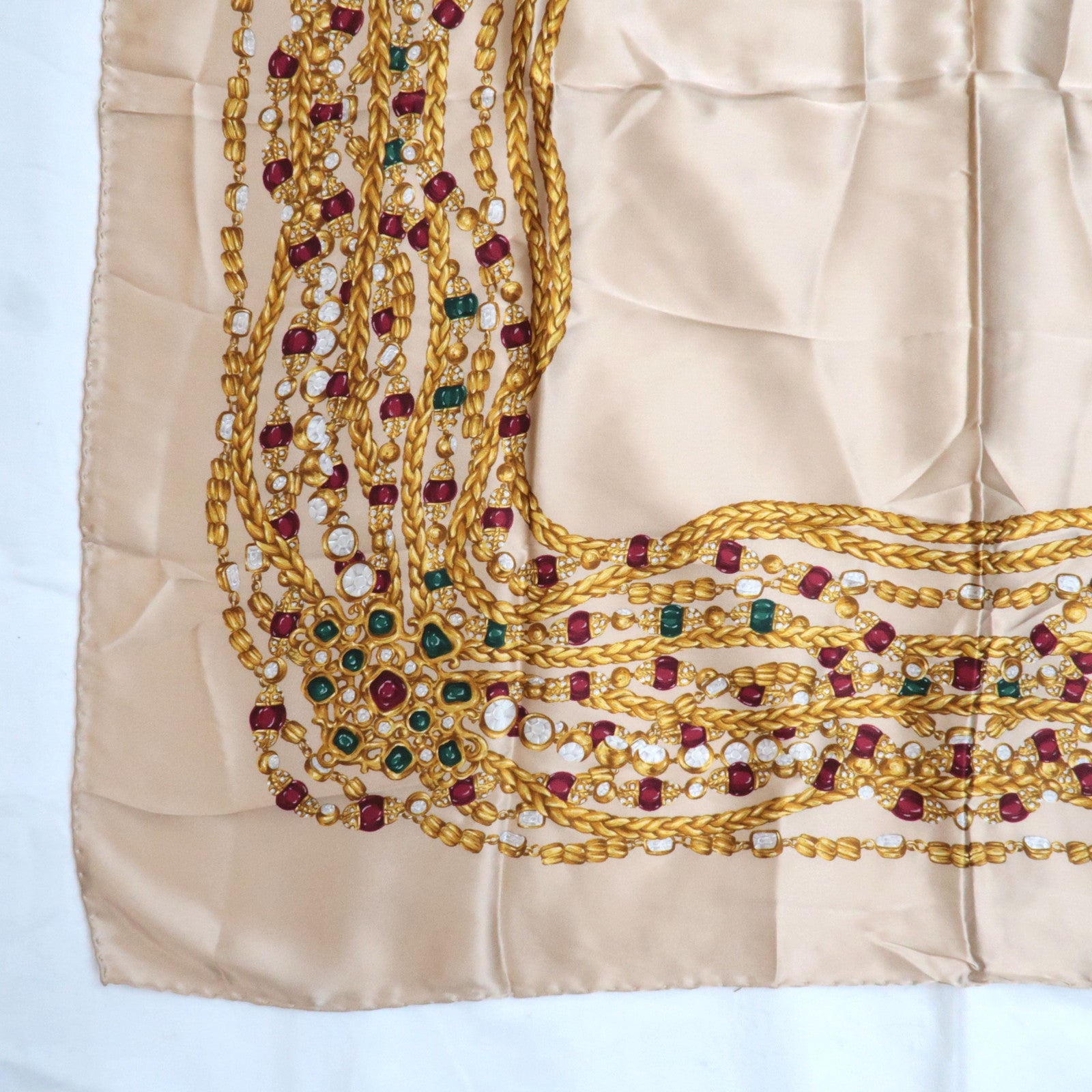 CHANEL Scarf Jewelry Print 100% Silk Greige