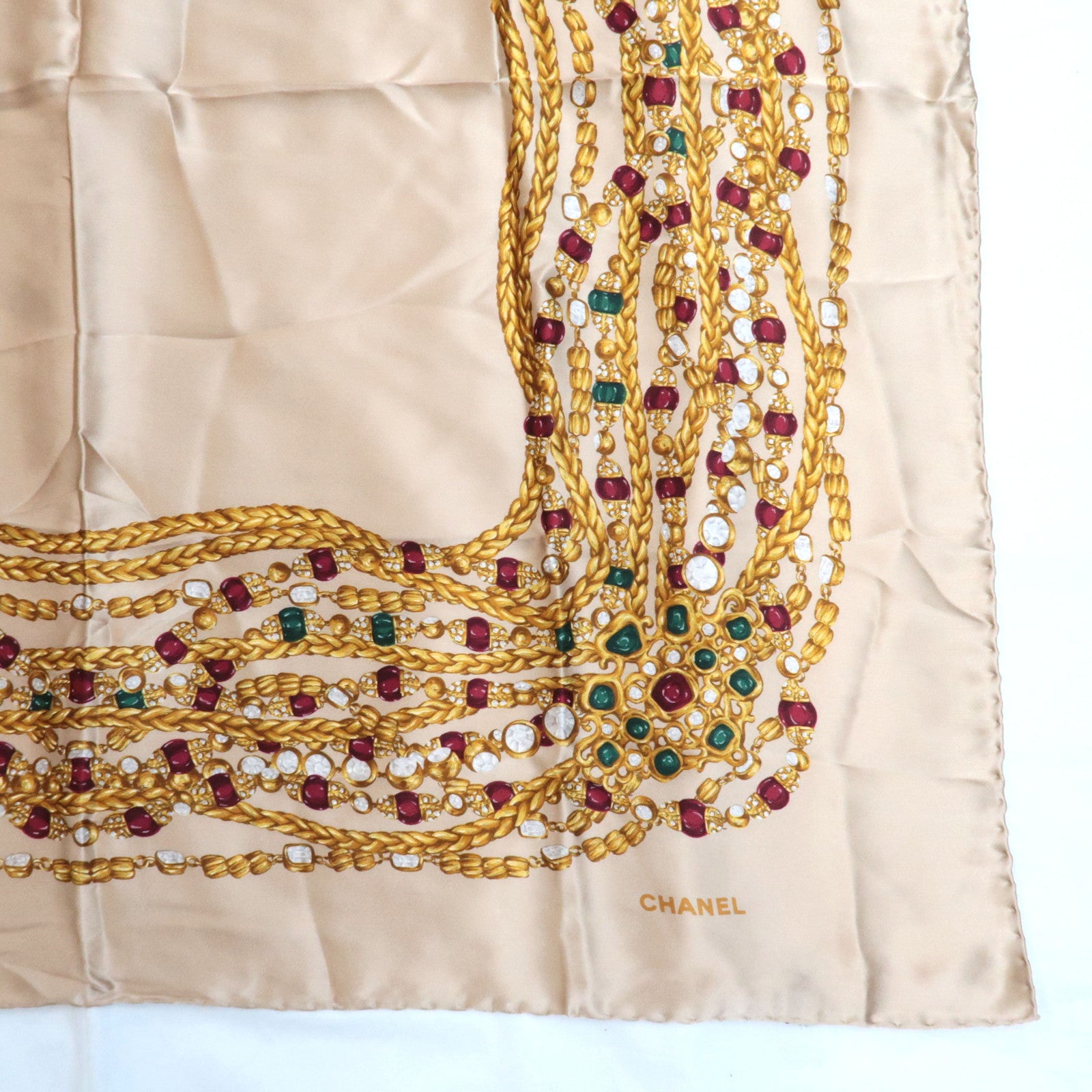 CHANEL Scarf Jewelry Print 100% Silk Greige