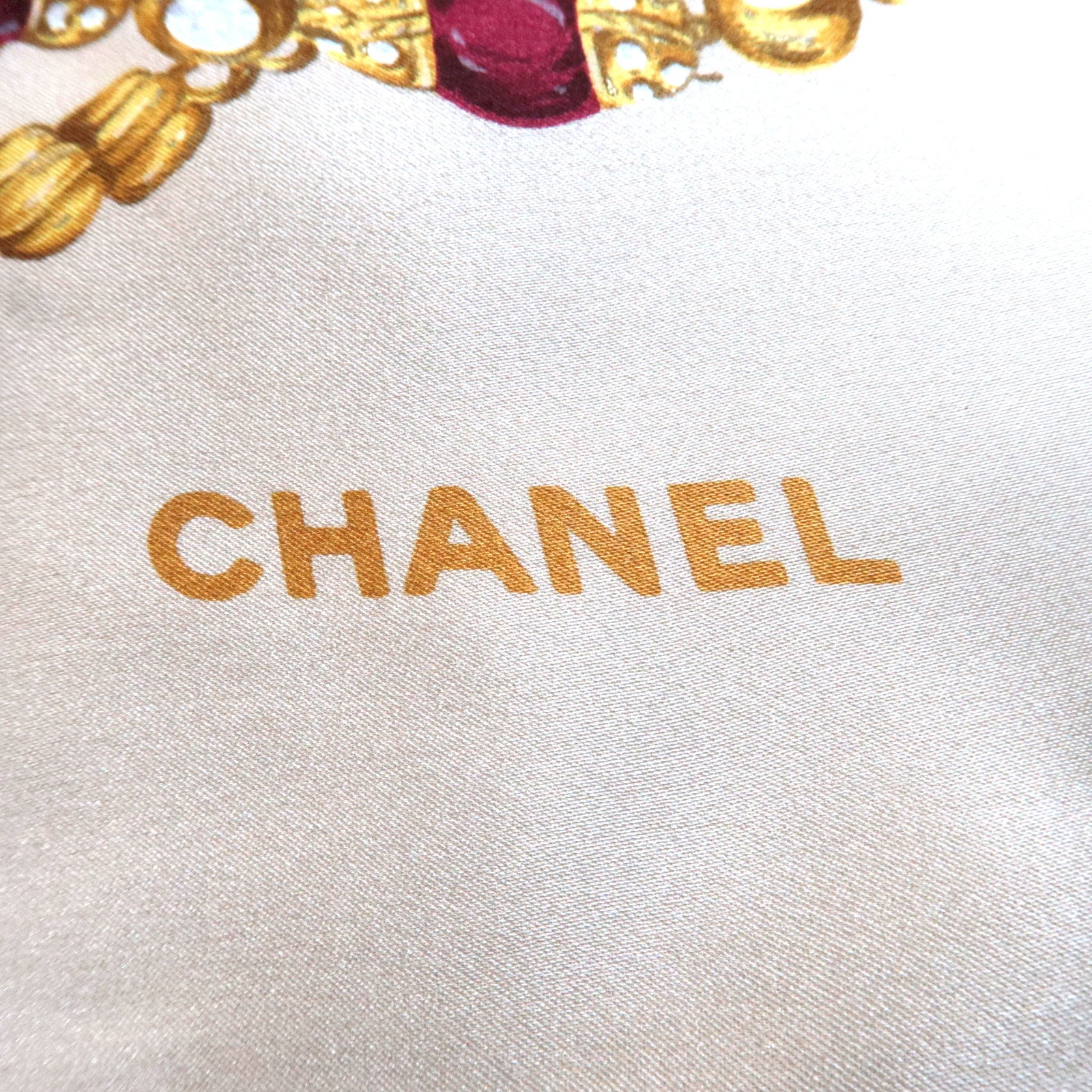 CHANEL Scarf Jewelry Print 100% Silk Greige