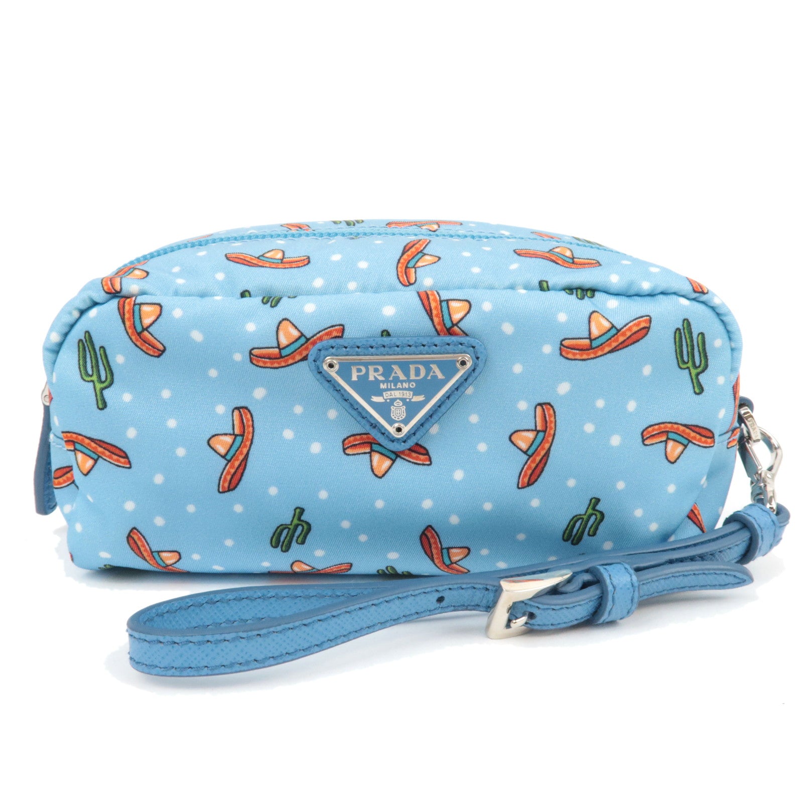 PRADA Cactus Print Small Pouch Nylon Leather Light Blue87064