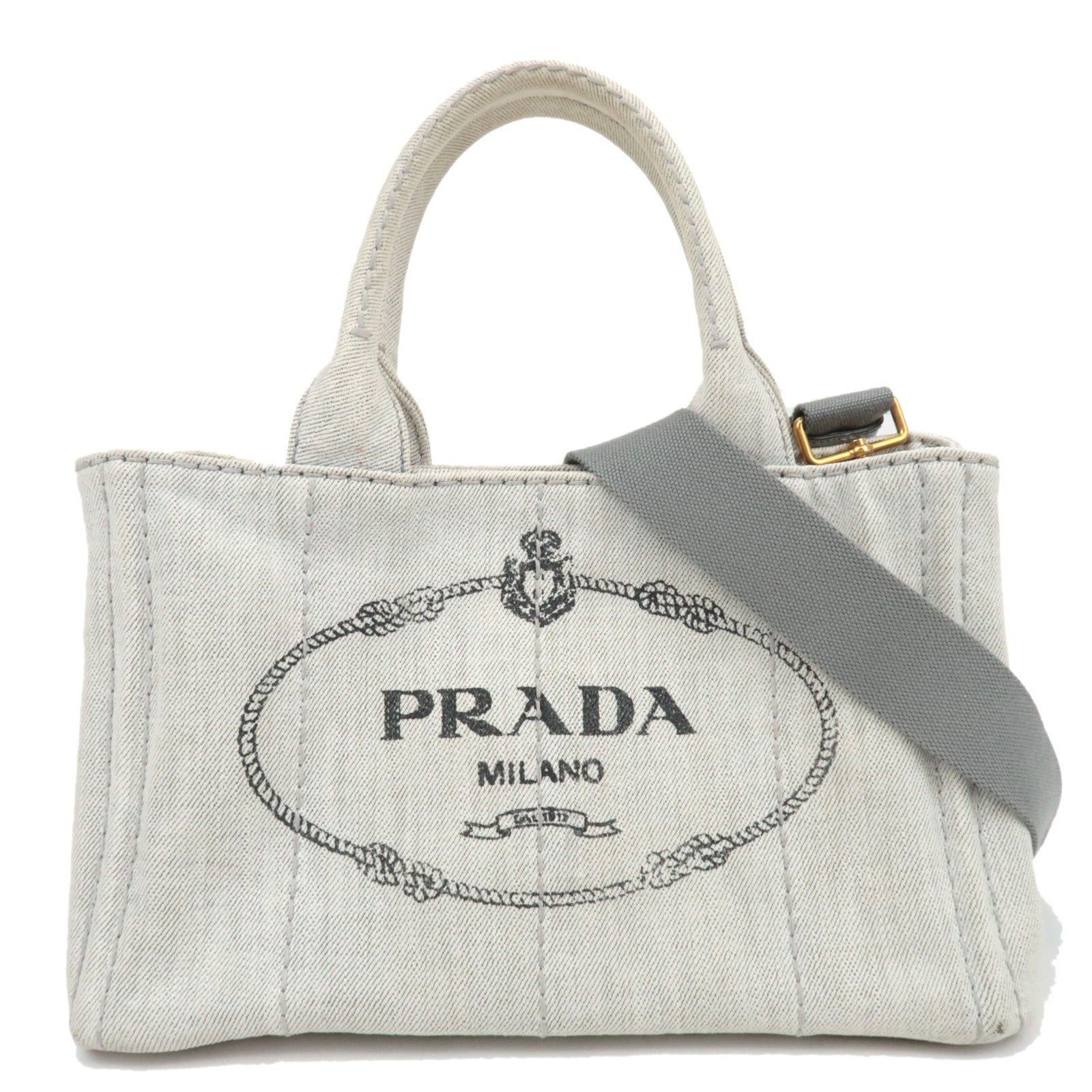 PRADA Canapa Mini 2Way Denim Tote Bag White 1BG43987072