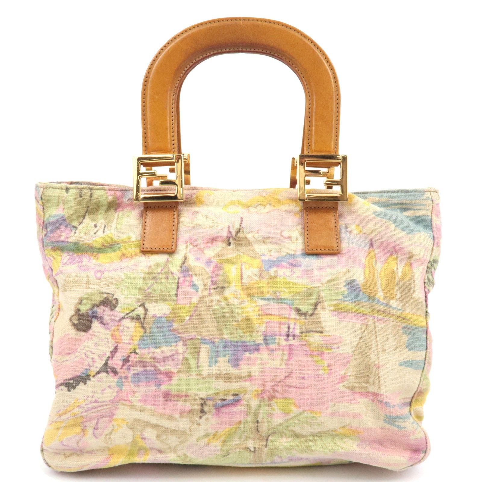 FENDI Canvas Leather Handbag Multicolor Brown87073