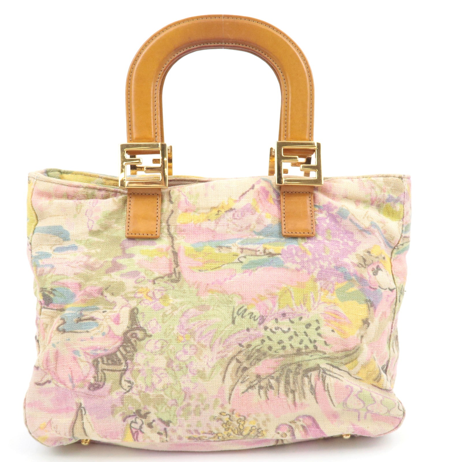 FENDI Canvas Leather Handbag Multicolor Brown