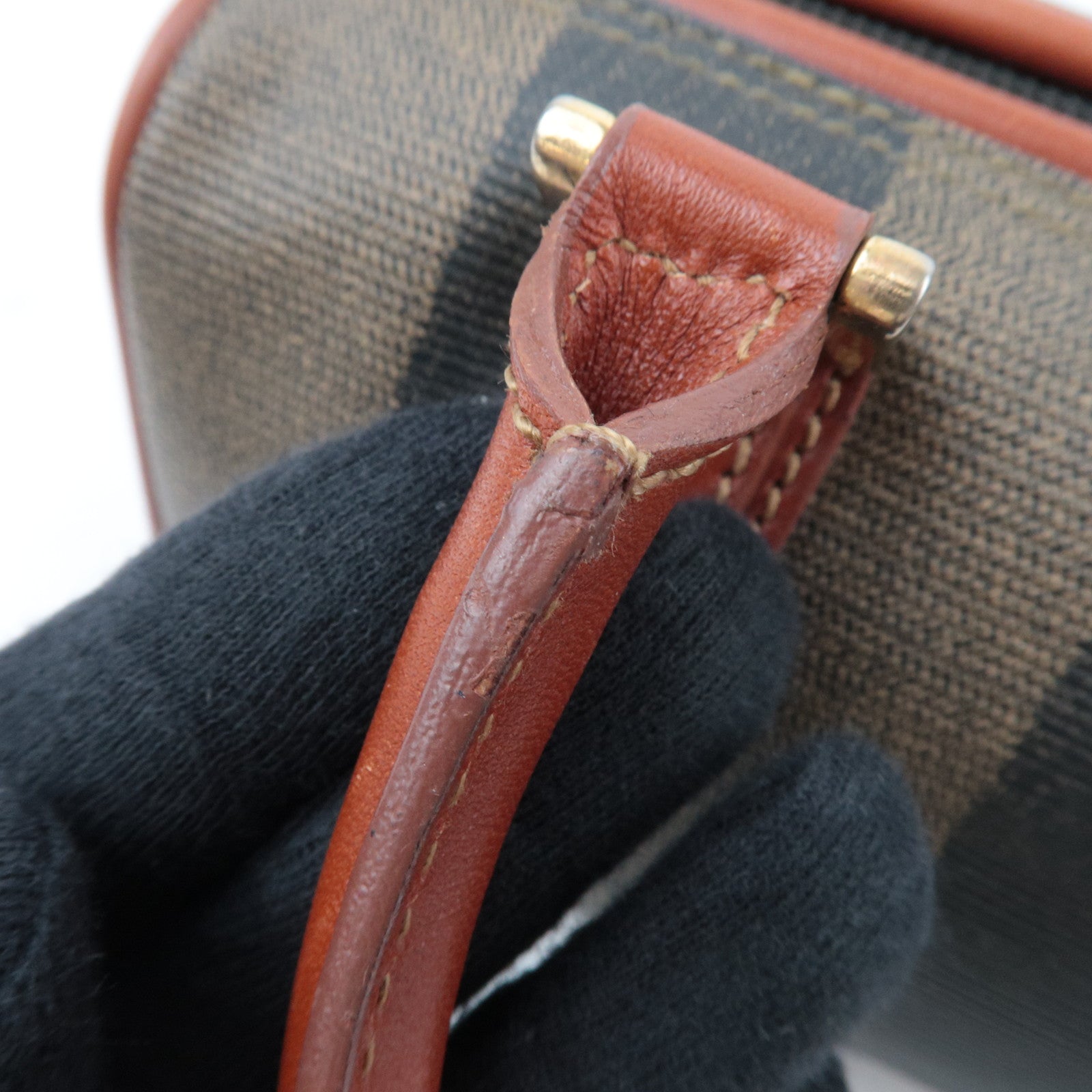 FENDI Pequin PVC Leather 2Way Handbag Khaki Black Brown 04597