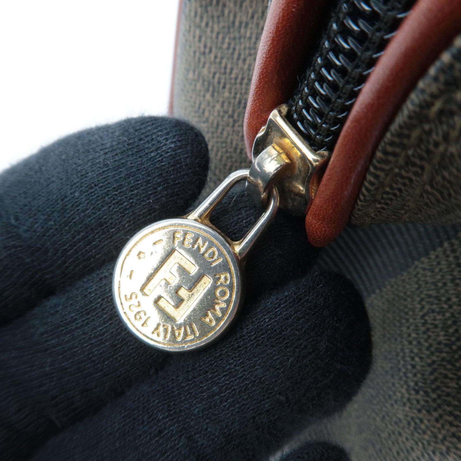 FENDI Pequin PVC Leather 2Way Handbag Khaki Black Brown 04597